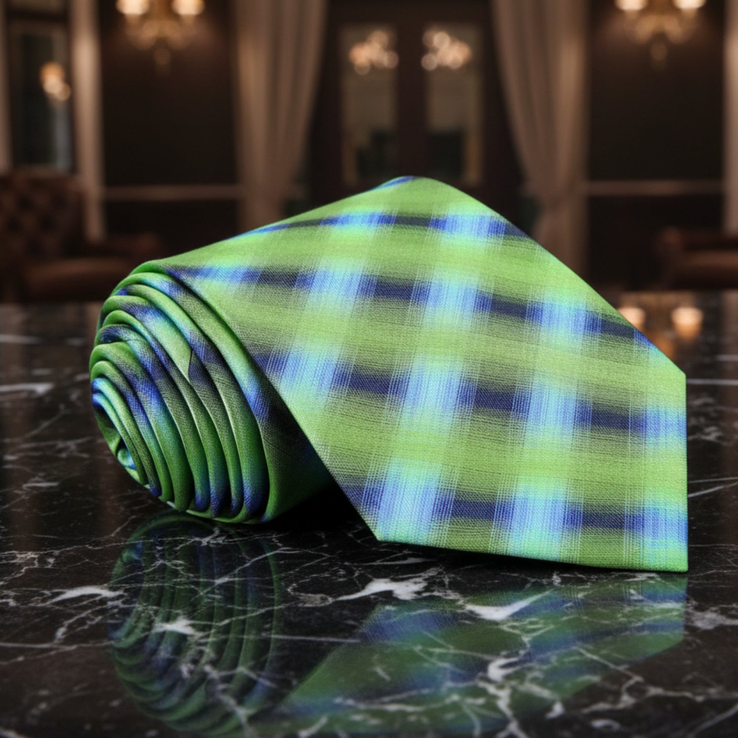 Green and Blue Plaid Tie  