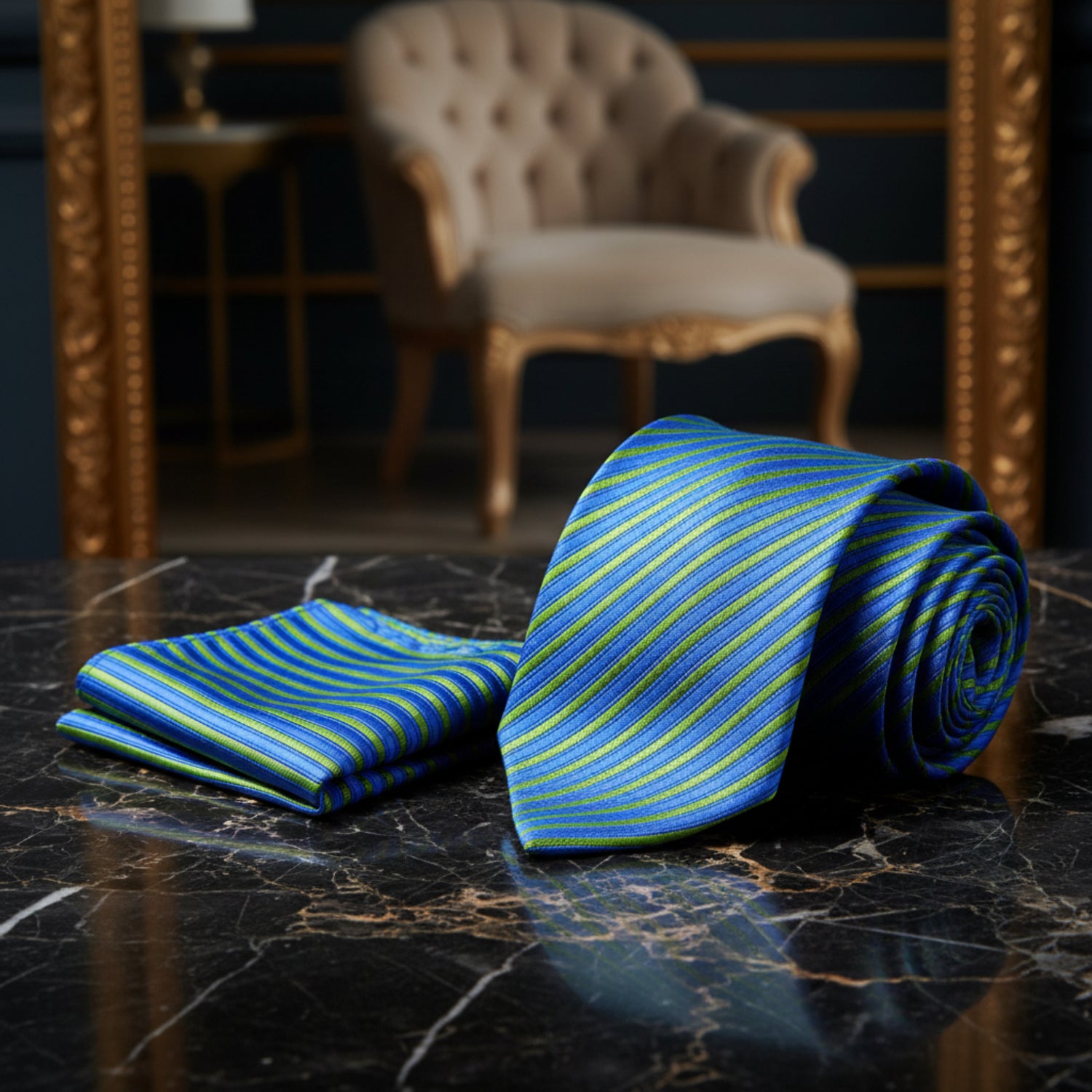 Alt View: A Blue, Green Stripe Pattern Necktie, Matching Pocket Square