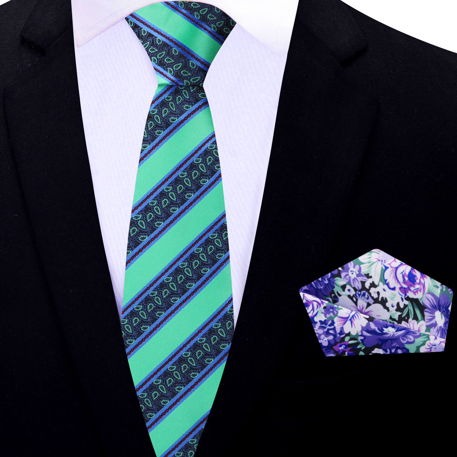 Thin Tie: Green, Blue Stripe Paisley Tie and Purple, Green Flower Pocket Square