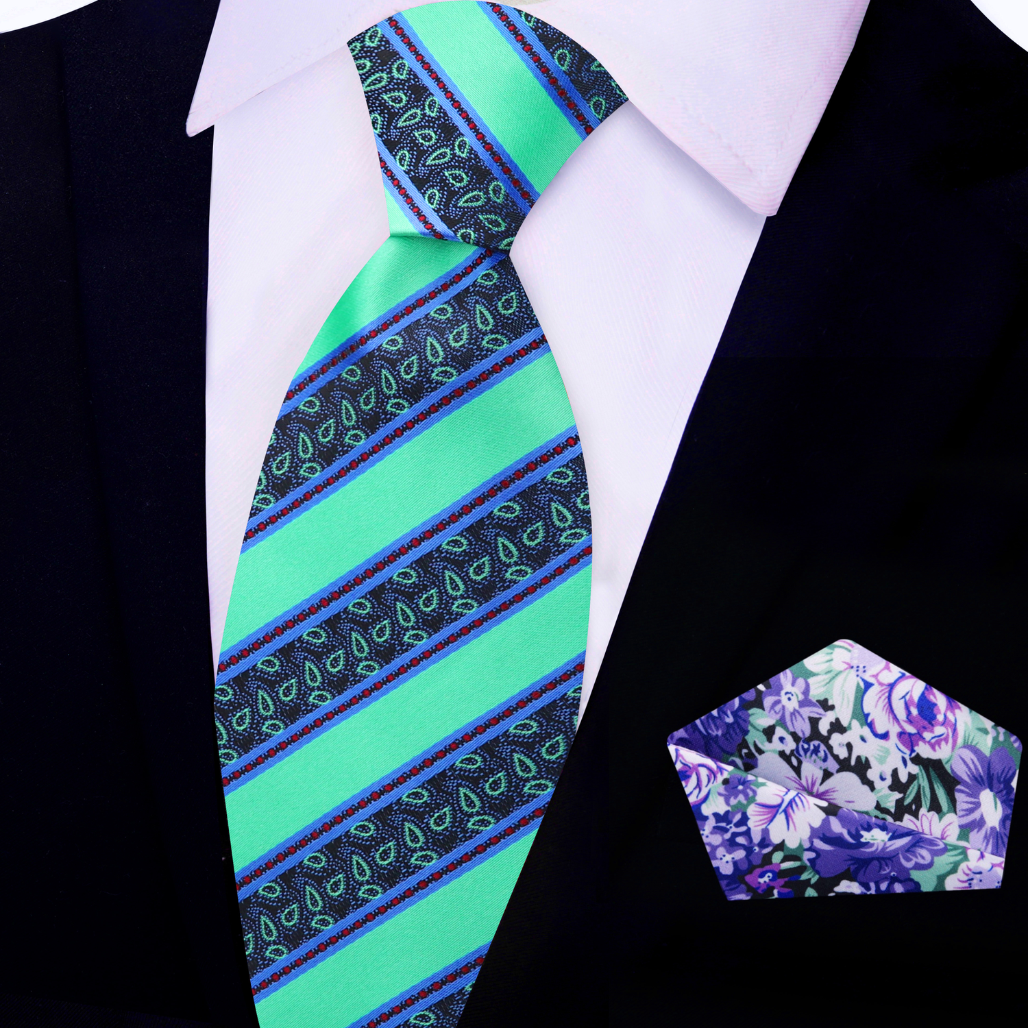 View 2: Green, Blue Stripe Paisley Tie and Purple, Green Flower Pocket Square