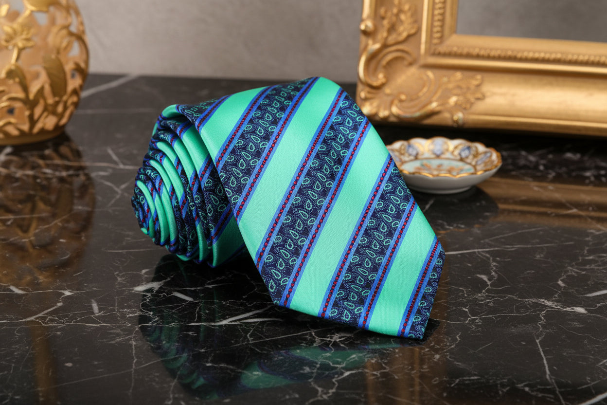 Green, Blue Stripe Paisley Tie  