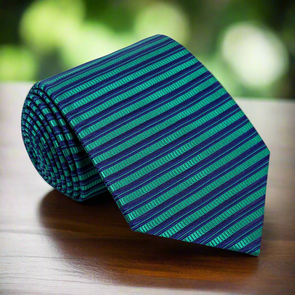 A Green, Blue Horizontal Line Pattern Silk Necktie 