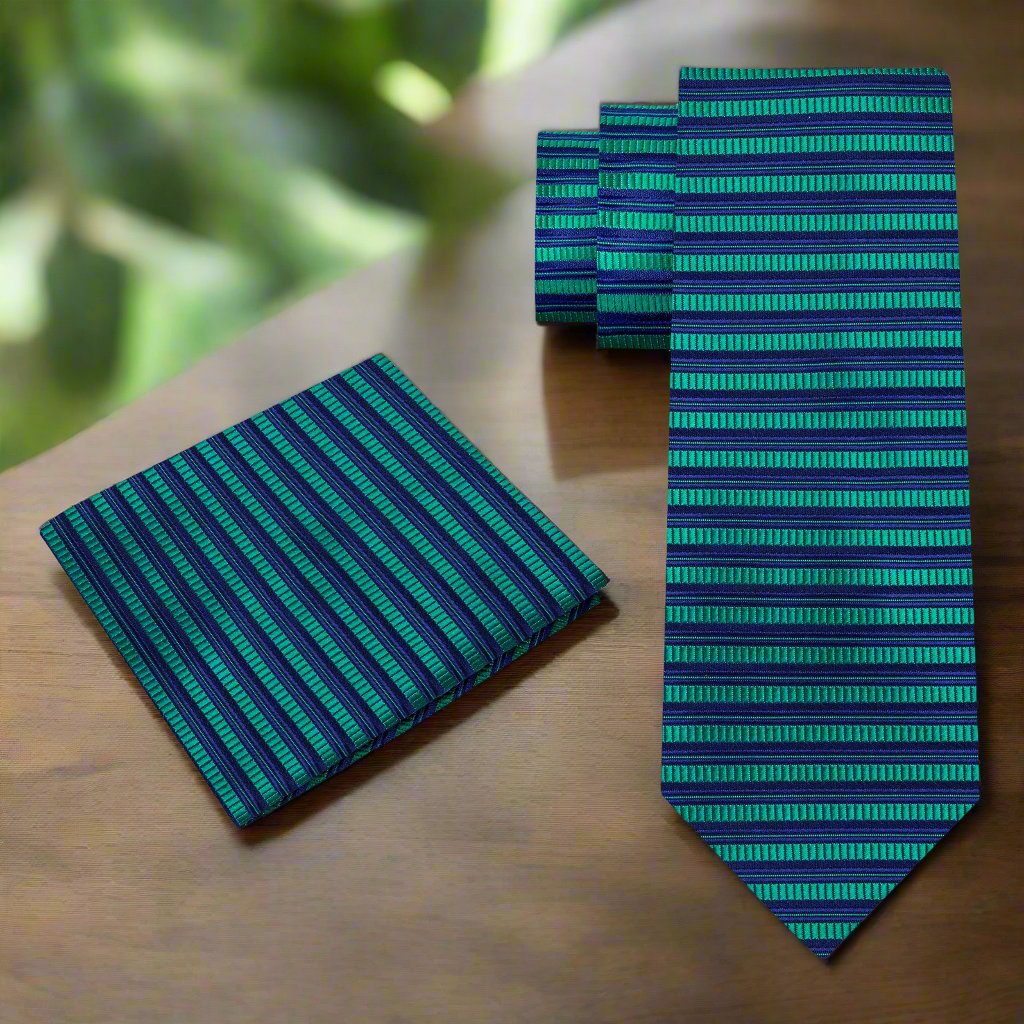 Alt View: A Green, Blue Horizontal Line Pattern Silk Necktie, Matching Pocket Square