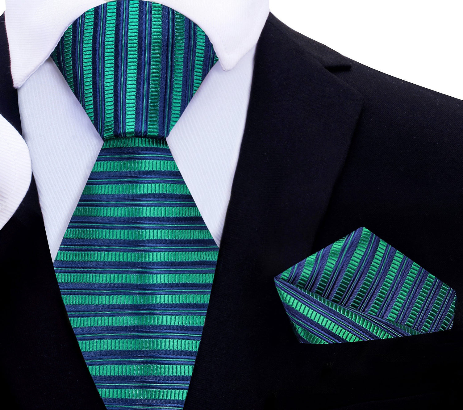 A Green, Blue Horizontal Line Pattern Silk Necktie, Matching Pocket Square
