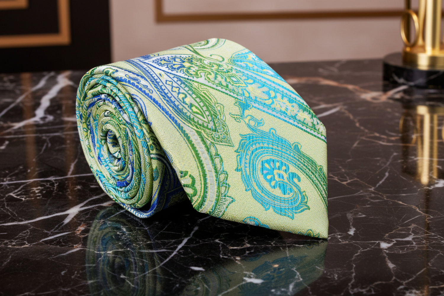 A Bright Green, Blue Paisley Pattern Necktie 