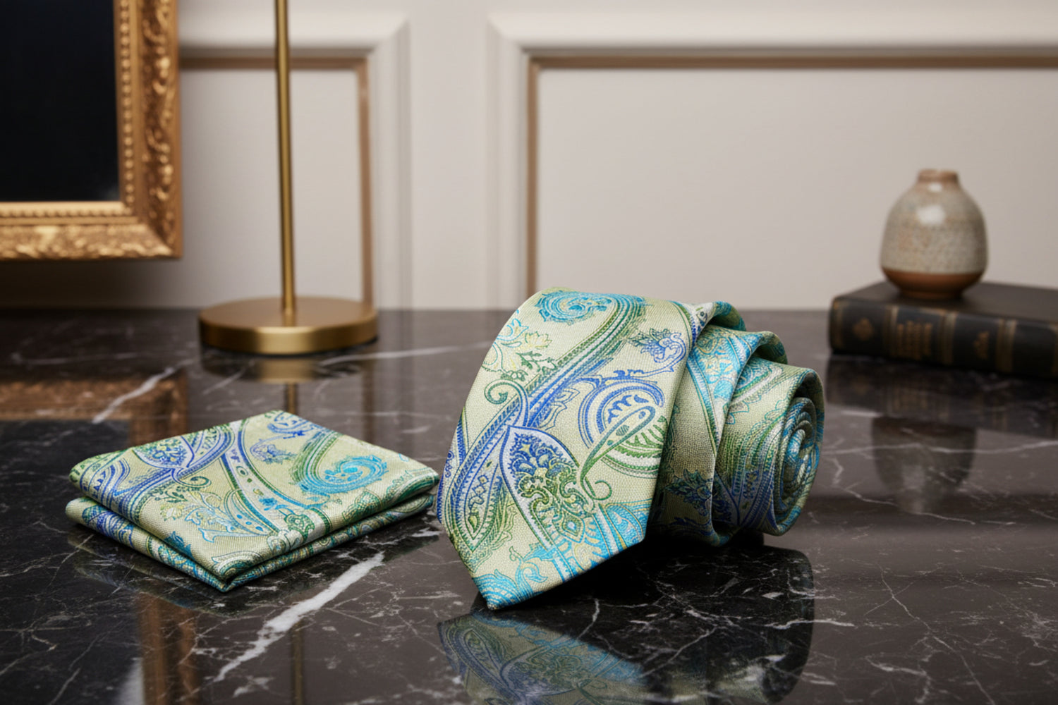 Alt View: A Bright Green, Blue Paisley Pattern Necktie, Matching Pocket Square