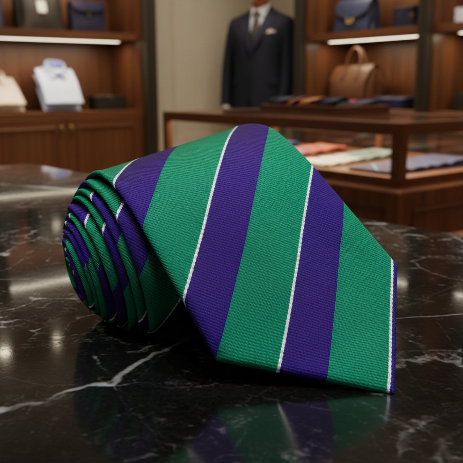 A Dark Blue, Green Stripe Pattern necktie 