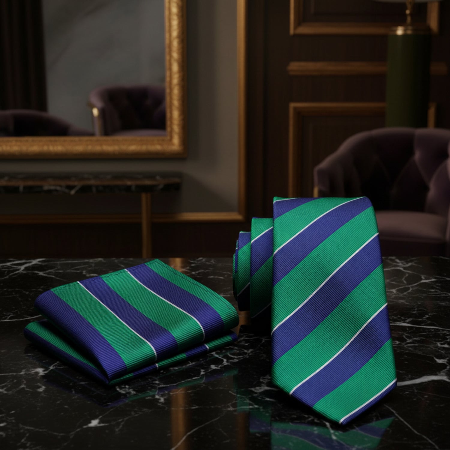 Alt View: A Dark Blue, Green Stripe Pattern Necktie, With Matching Pocket Square