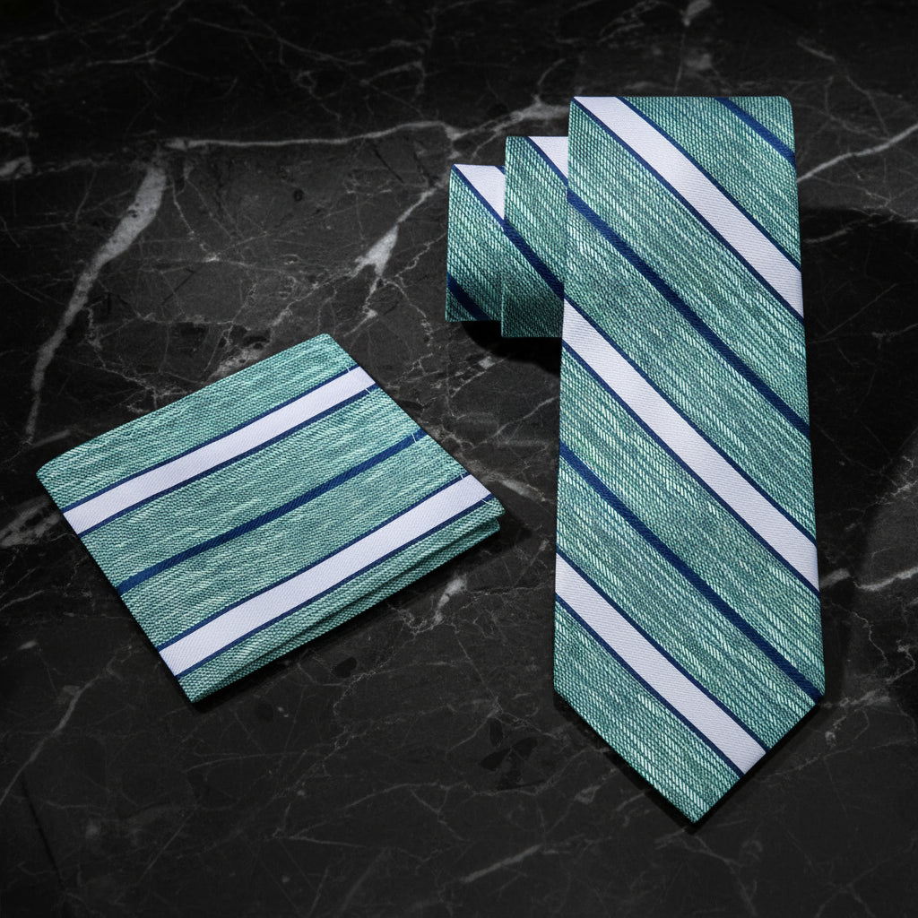View 3:  Green, Blue Stripe Tie and Pocket Square