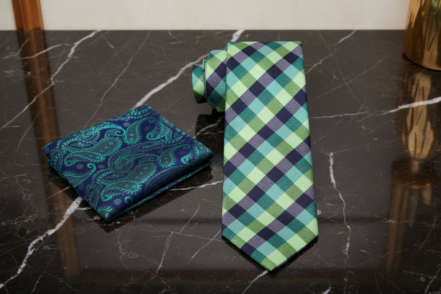 View 2: Green and Blue Check Necktie and Accenting Blue Green Paisley Square