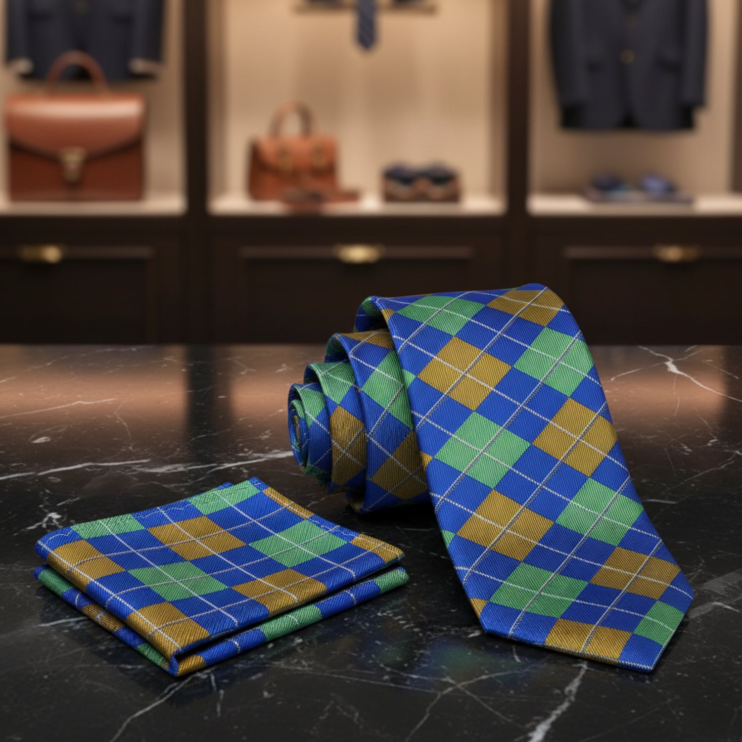 A Green, Blue, Yellow Geometric Argyle Pattern Necktie, Matching Pocket Square
