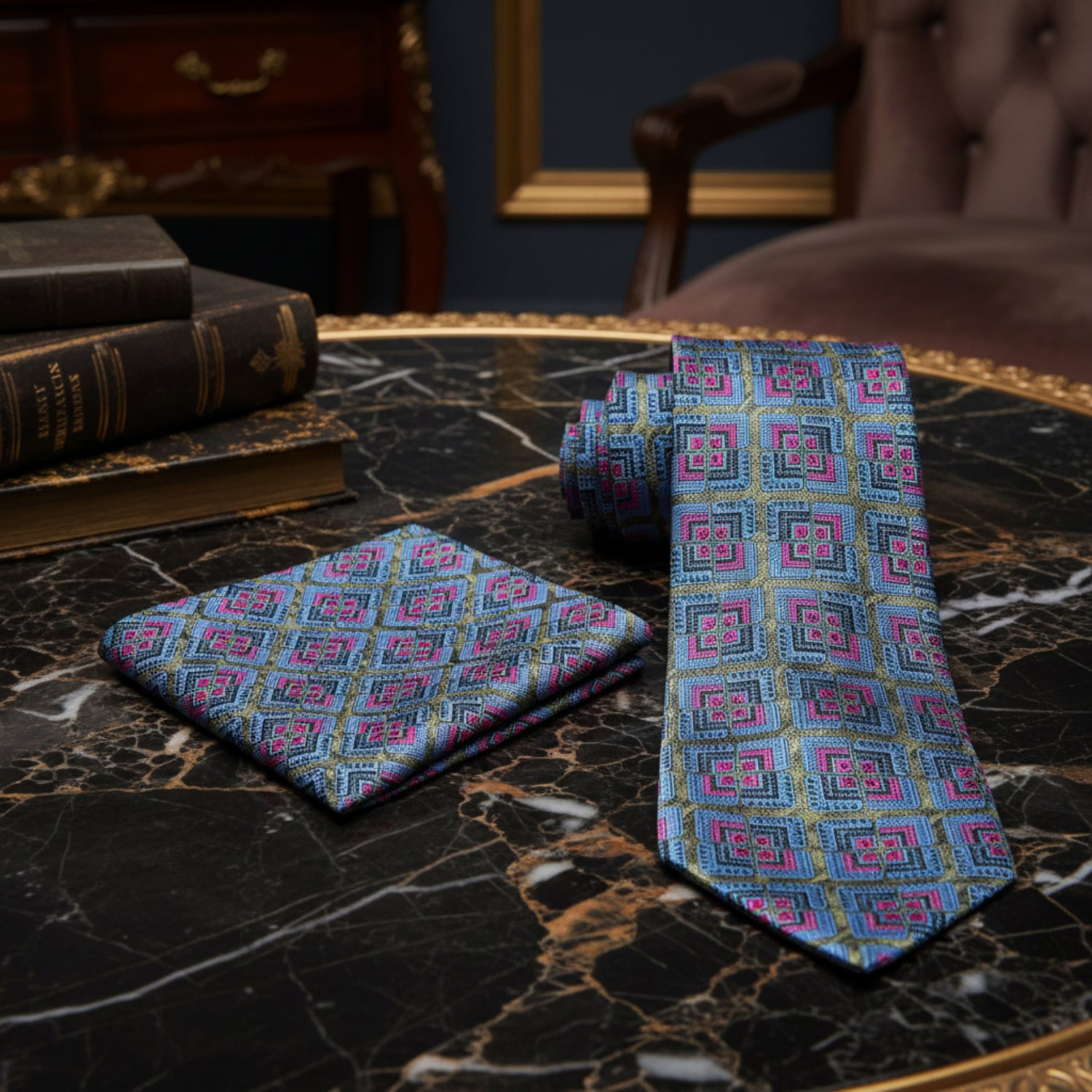 Alt View: RGreen, Blue, Pink Geometric Abstract Tie and Pocket Square