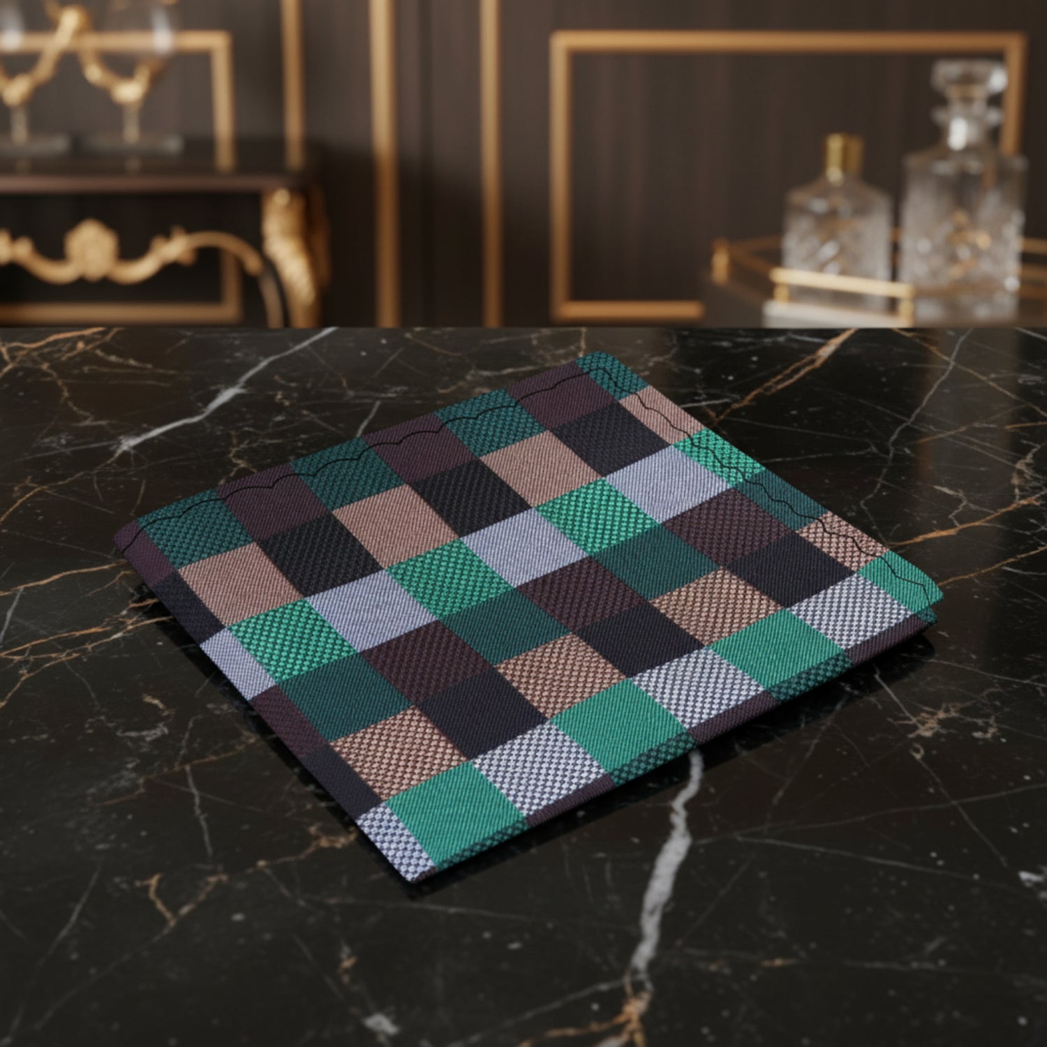 A Black, Green, Brown Geometric Squares Pattern Silk Pocket Square