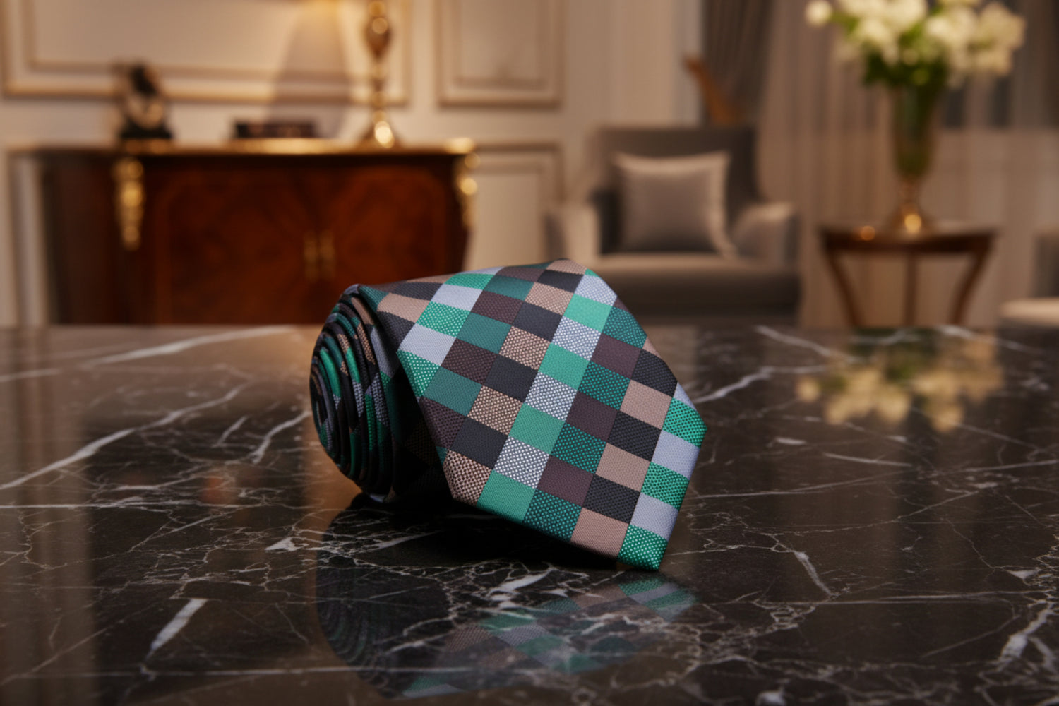 Black, Green, Brown, Grey Check Tie