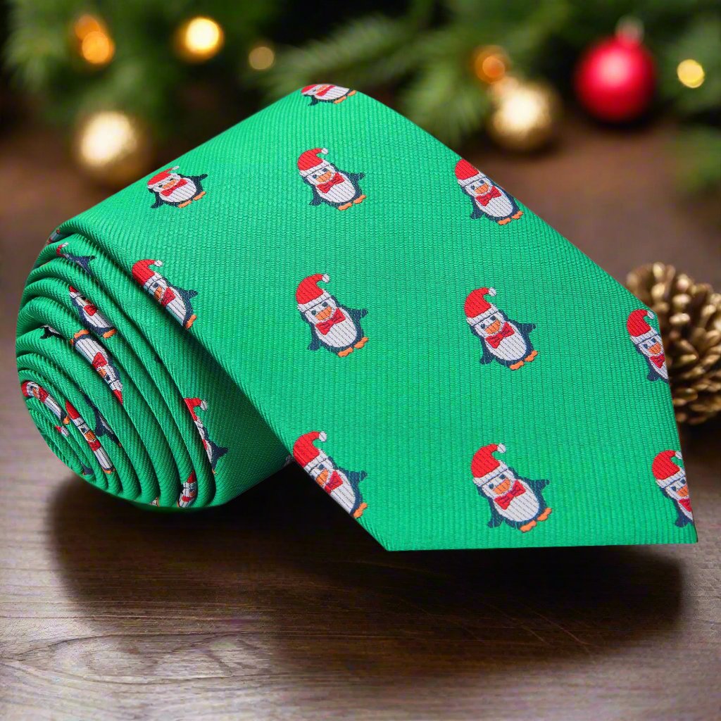 Green and Red Christmas Penguin Tie  