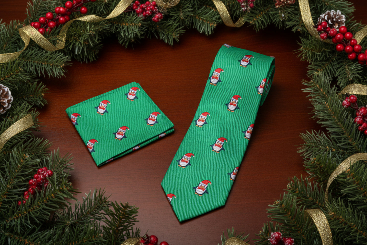 Alt View: Green and Red Christmas Penguin Tie and Pocket Square