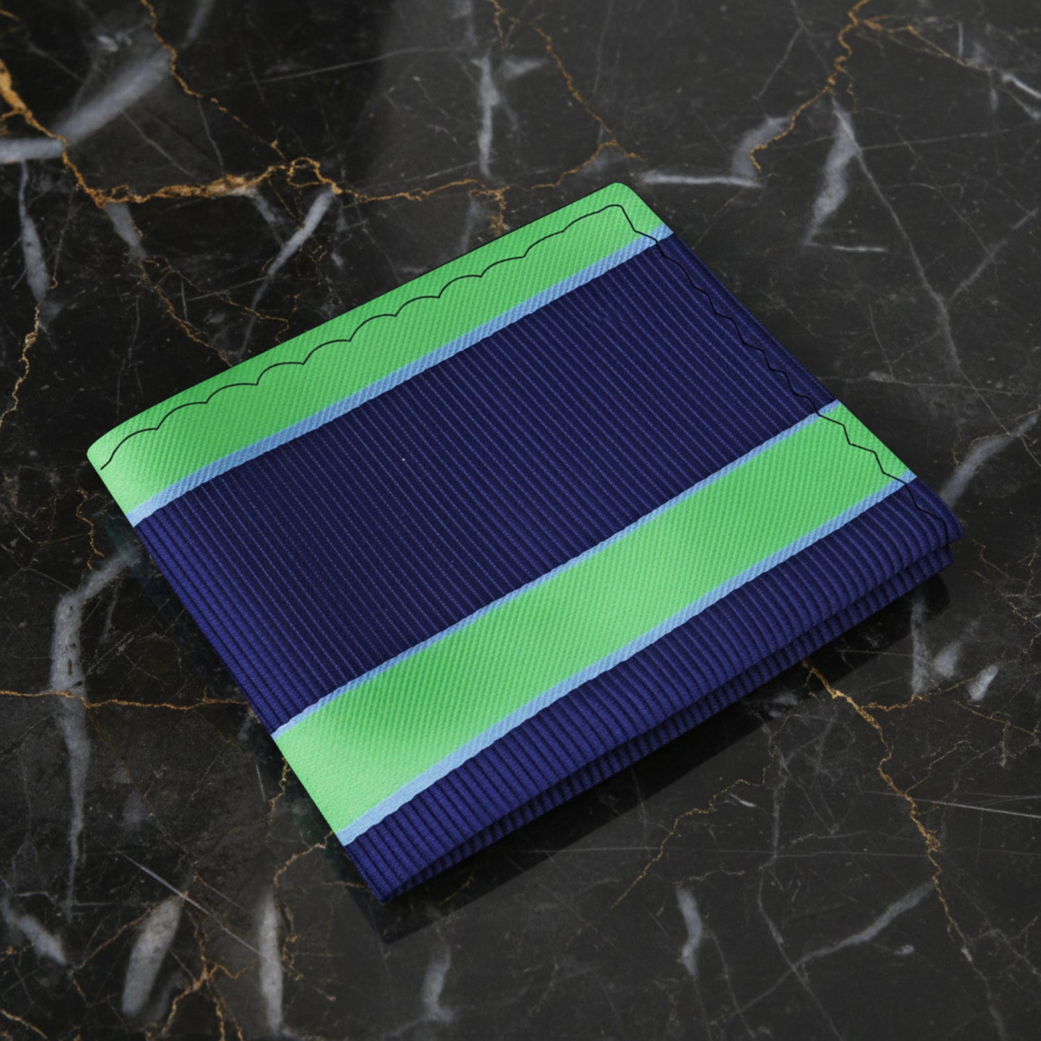 A Green, Dark Blue Stripe Pattern Silk Pocket Square