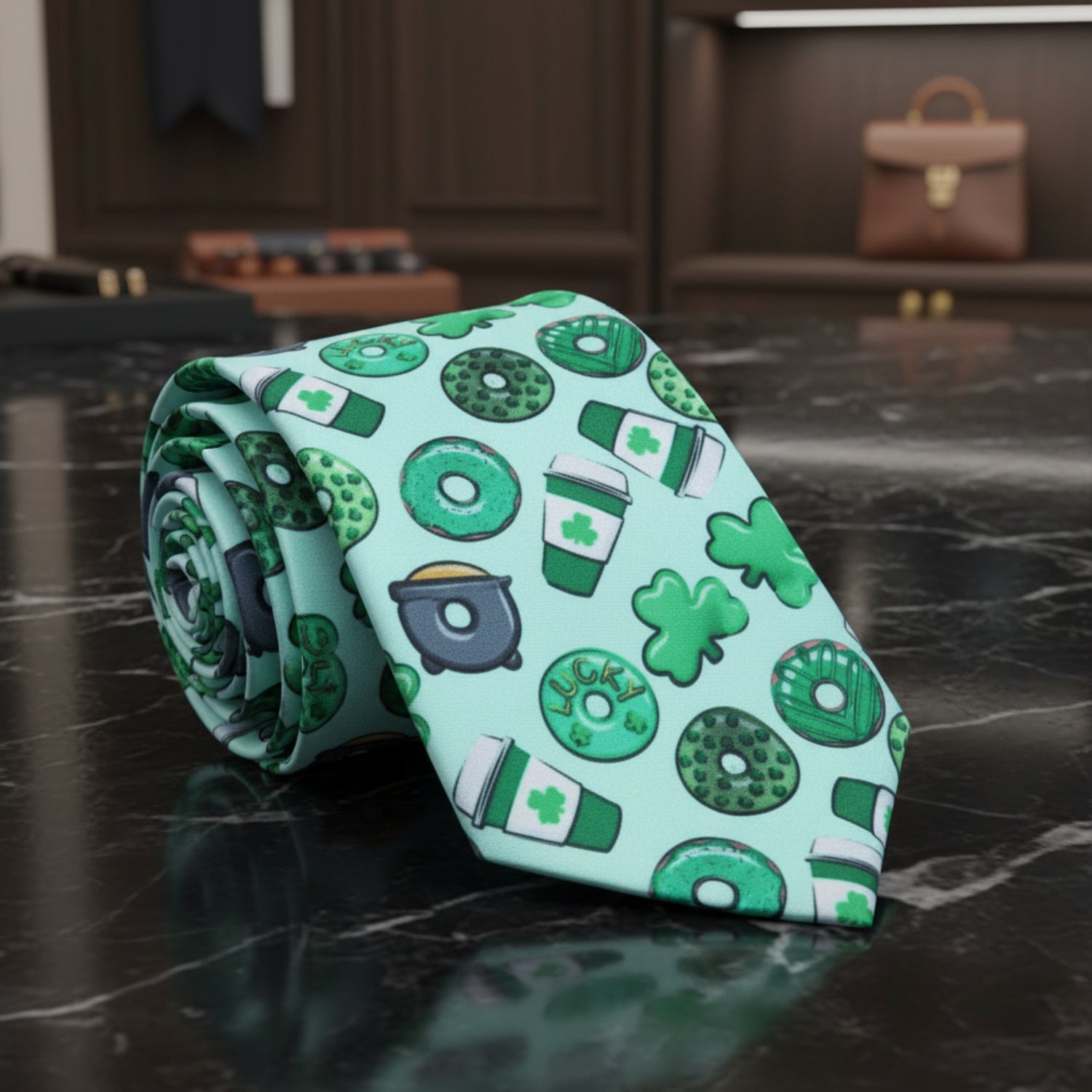 Light Green, Green Coffee, Donuts and Clovers Tie 