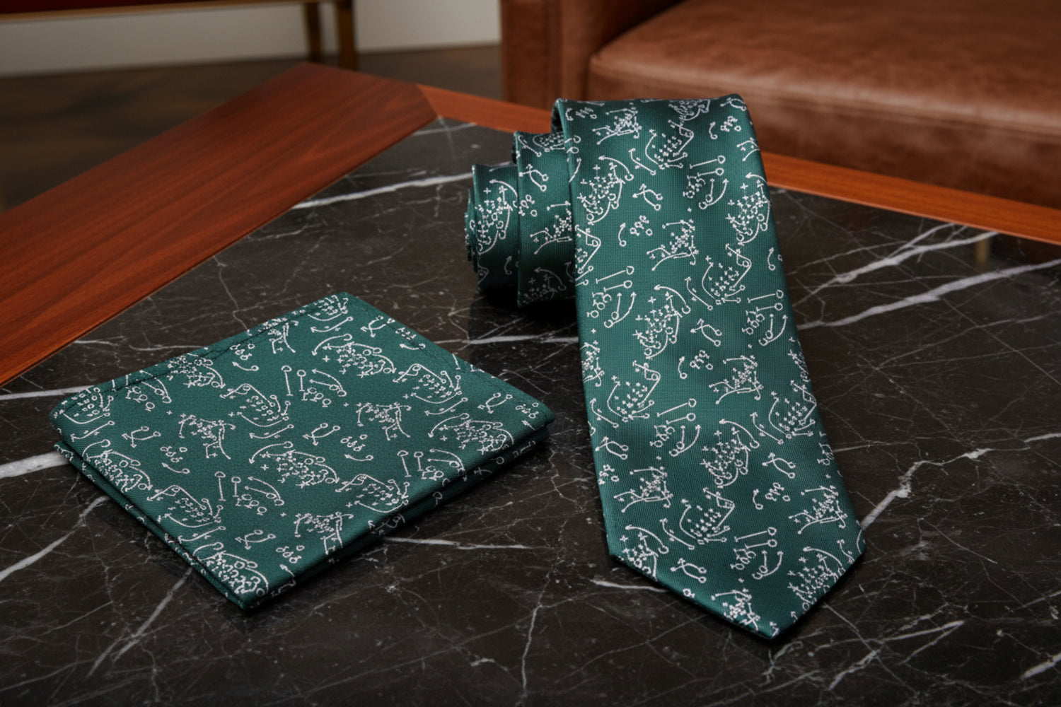 Alt View Green Tie and Pocket Square Football