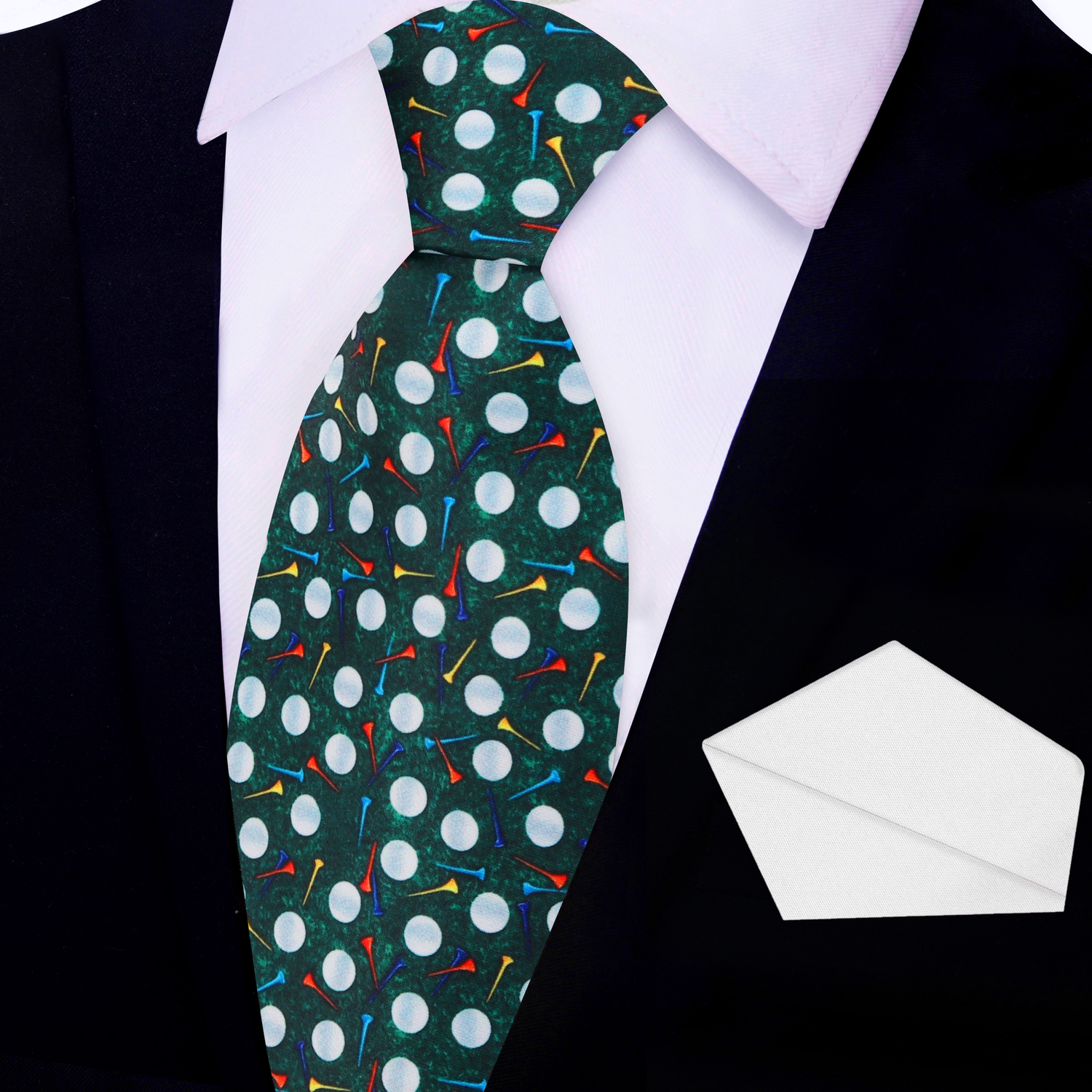 View 2: Green, White Golf Balls Necktie and White Square