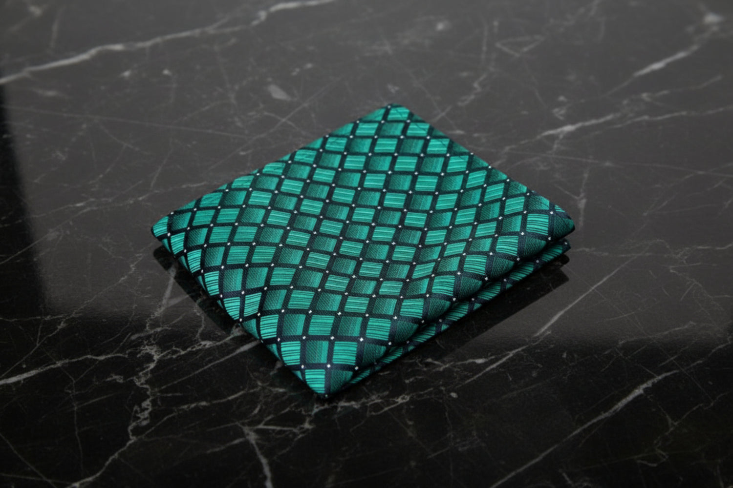 A Green, Black Geometric Squares Pattern Silk Pocket Square