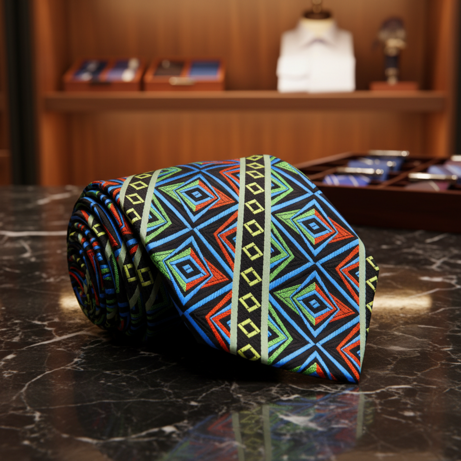 A Green, Orange, Yellow, Blue, Black Abstract Geometric Shapes And Squares Pattern Necktie