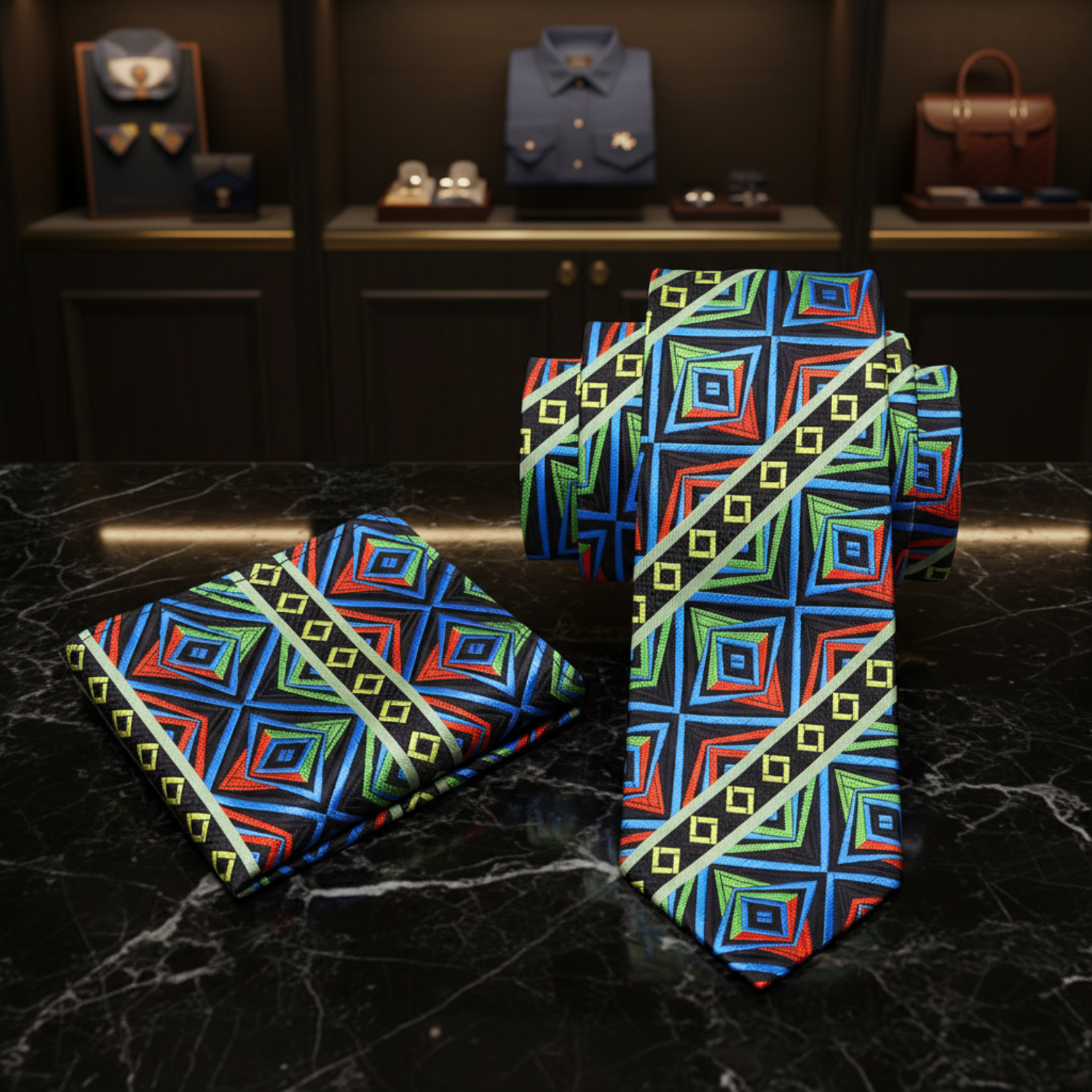 View 2: A Green, Orange, Yellow, Blue, Black Abstract Geometric Shapes And Squares Pattern Necktie, Matching Pocket Square 
