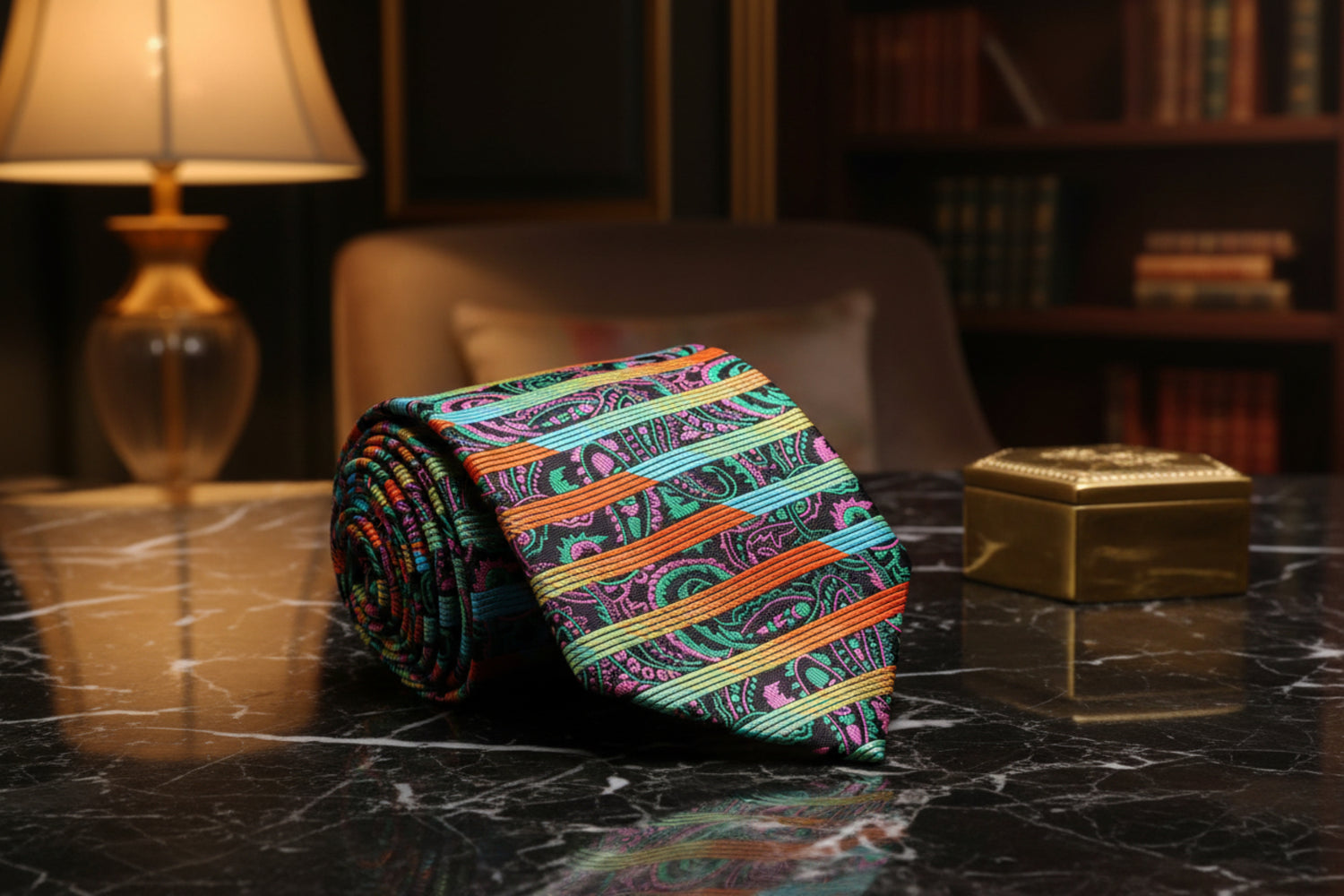Necktie with a Orange, Green, Blue, Yellow, Pink, Brown Stripe, Abstract, Paisley Pattern