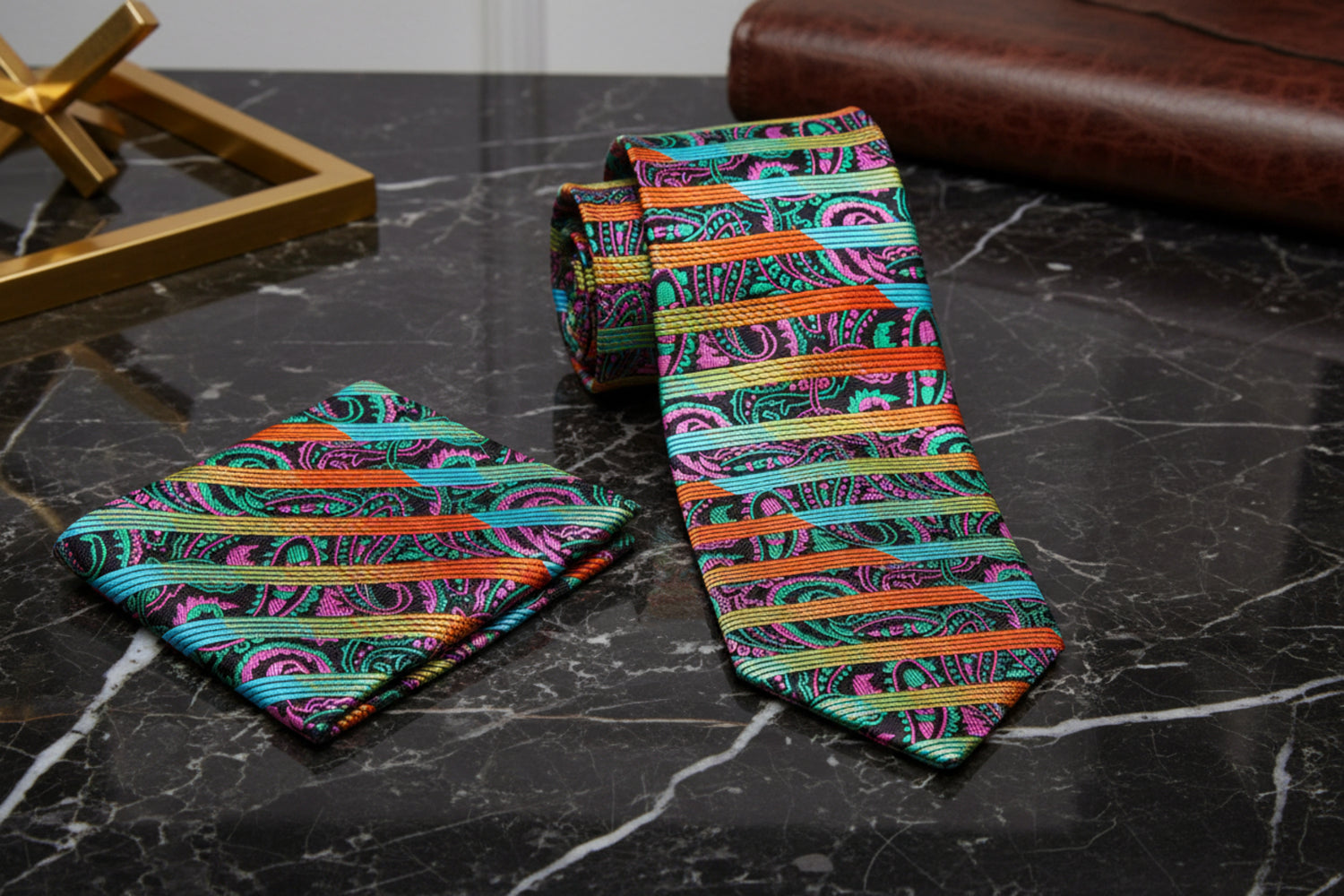 Alt View: Necktie and Square with a Orange, Green, Blue, Yellow, Pink, Brown Stripe, Abstract, Paisley Pattern