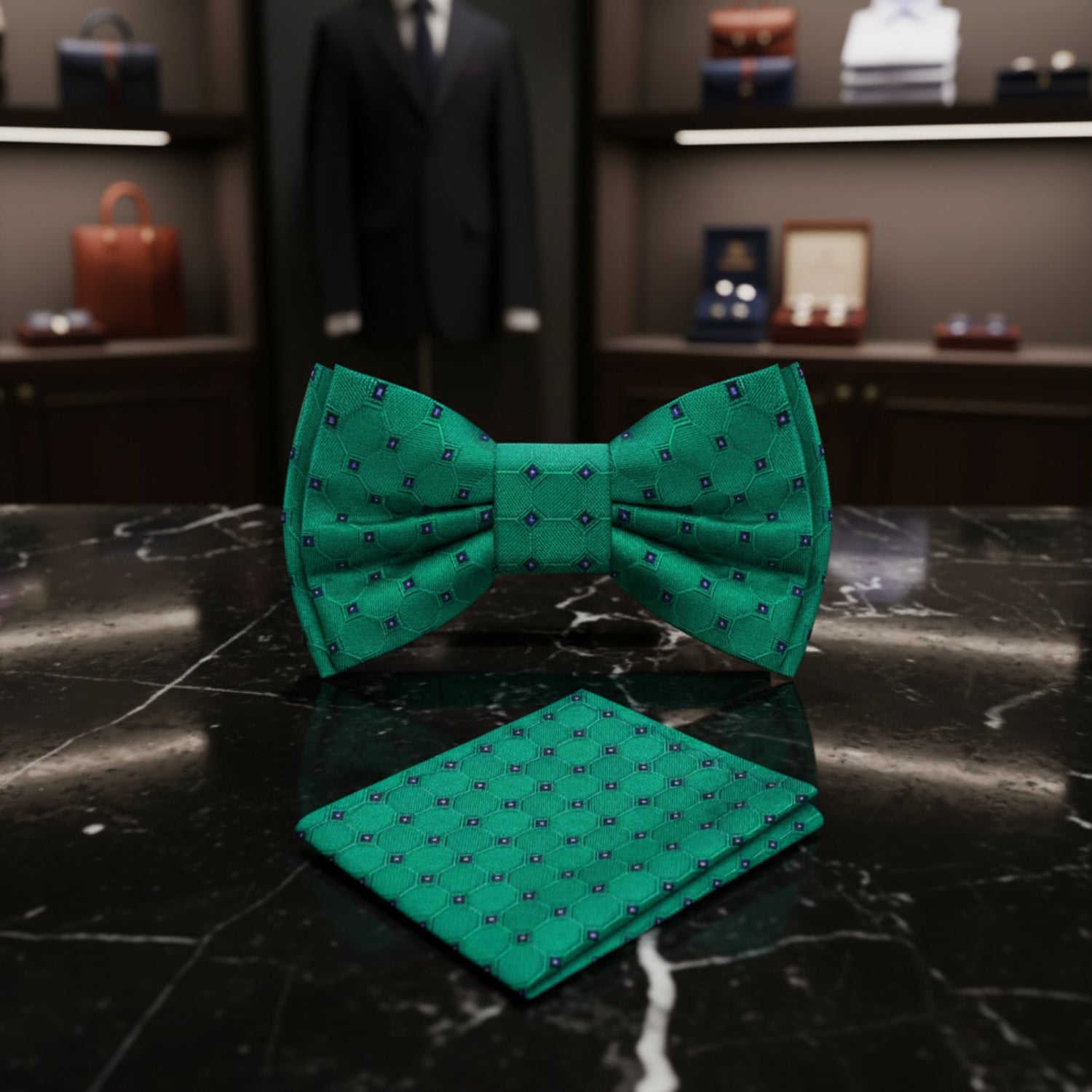 Green Geometric Bow Tie and Pocket Square