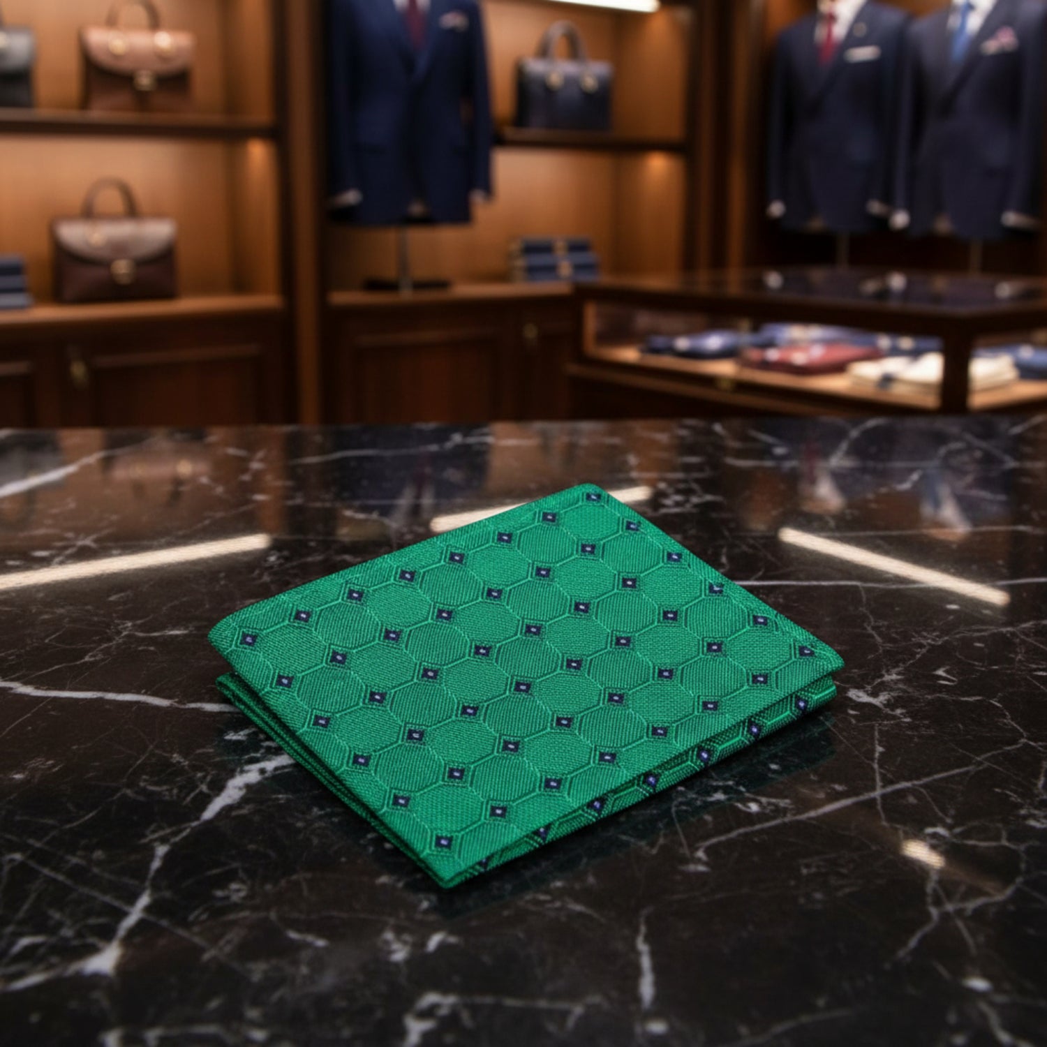 A Green, Black Geometric Squares Pattern Pocket Square