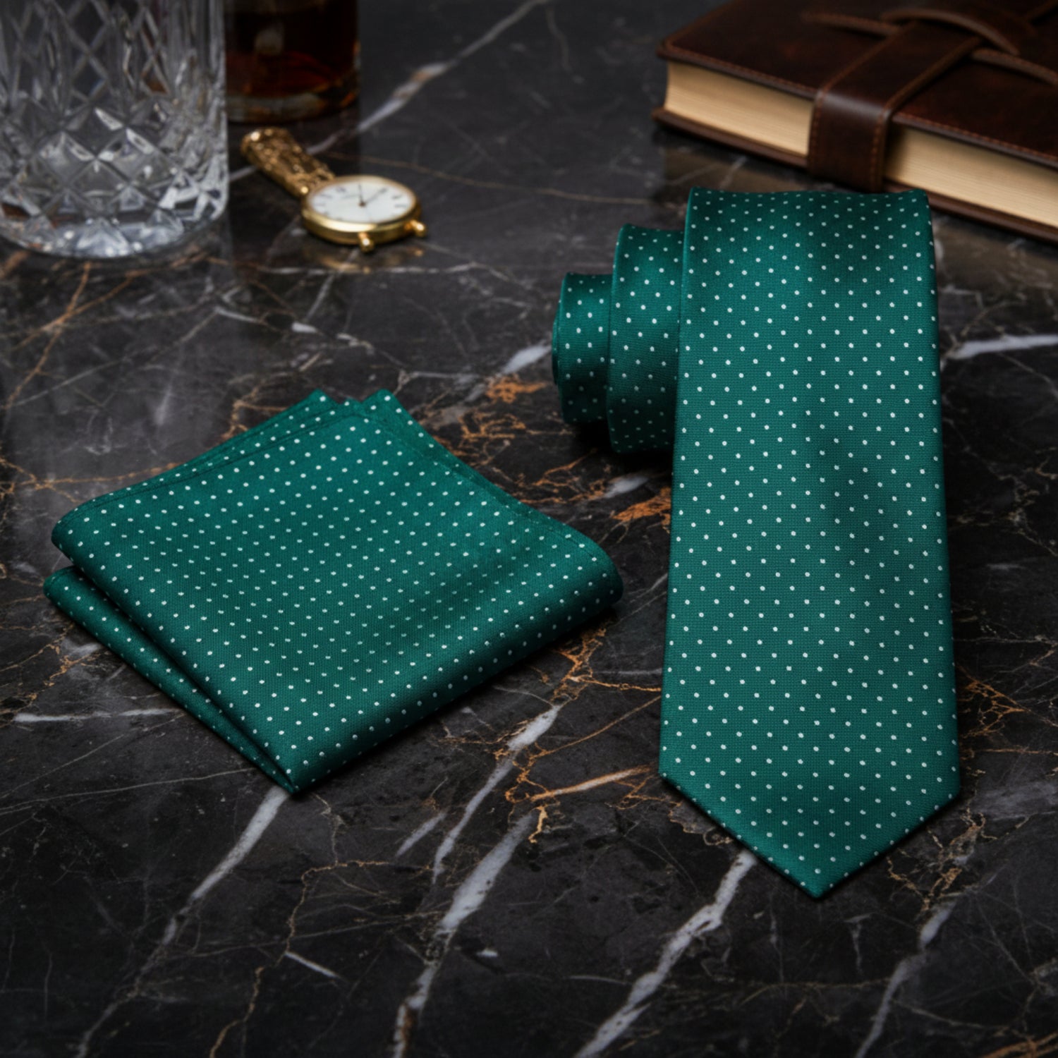 Alt View:  Green and White Polka Tie and Pocket Square