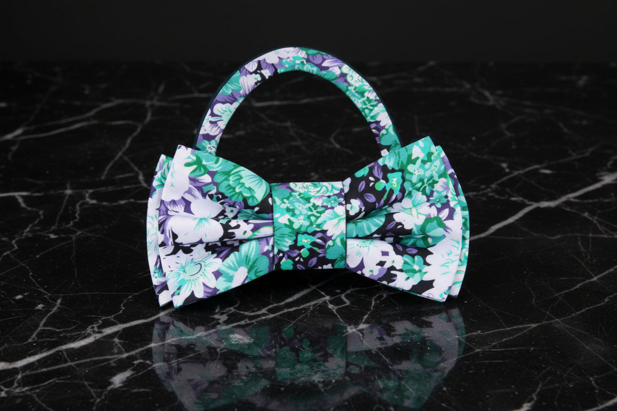 Pre Tied: White, Green, Purple Floral Bow Tie  