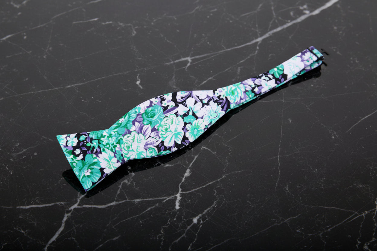 Self Tie: White, Green, Purple Floral Bow Tie  