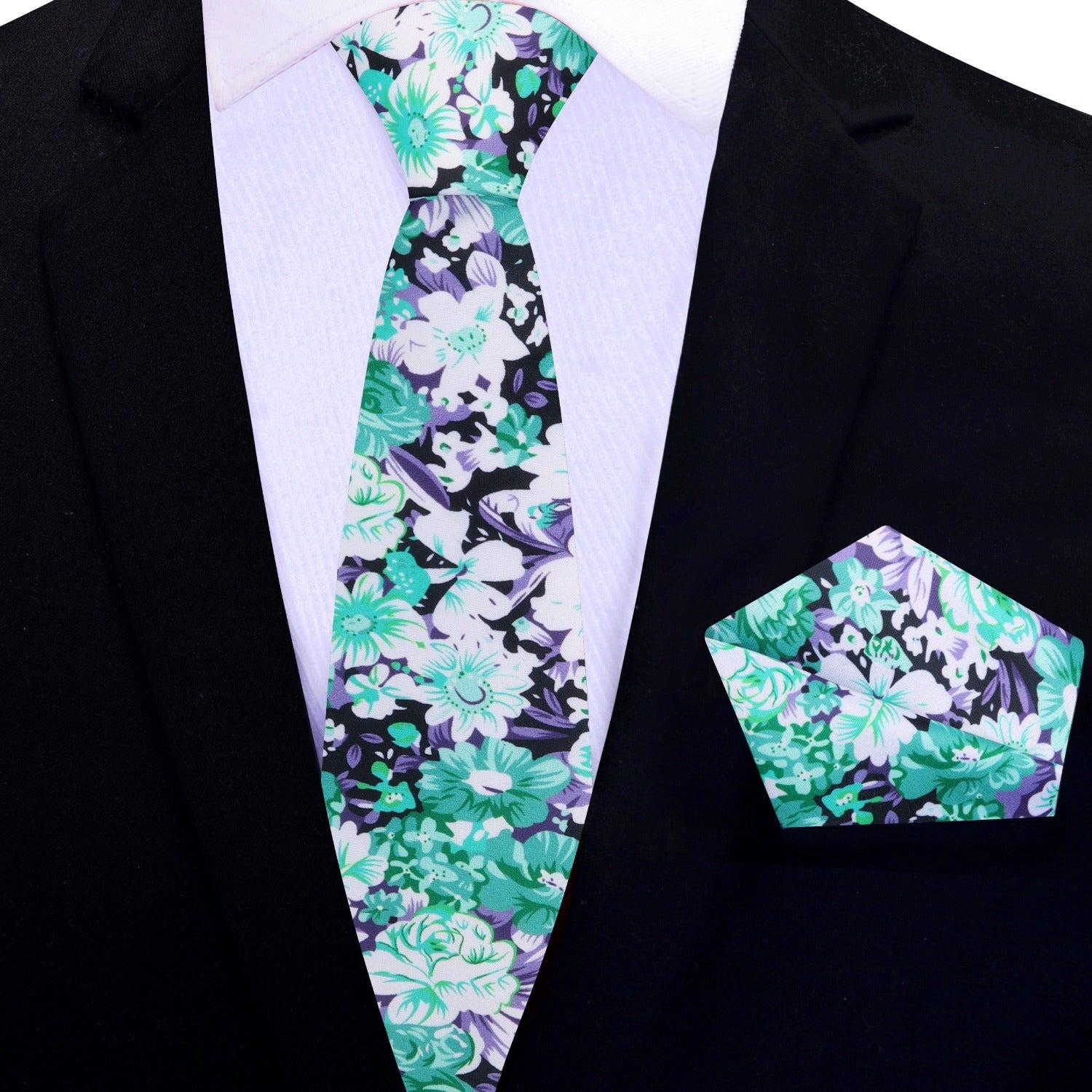 Thin Green Floral Necktie and Square