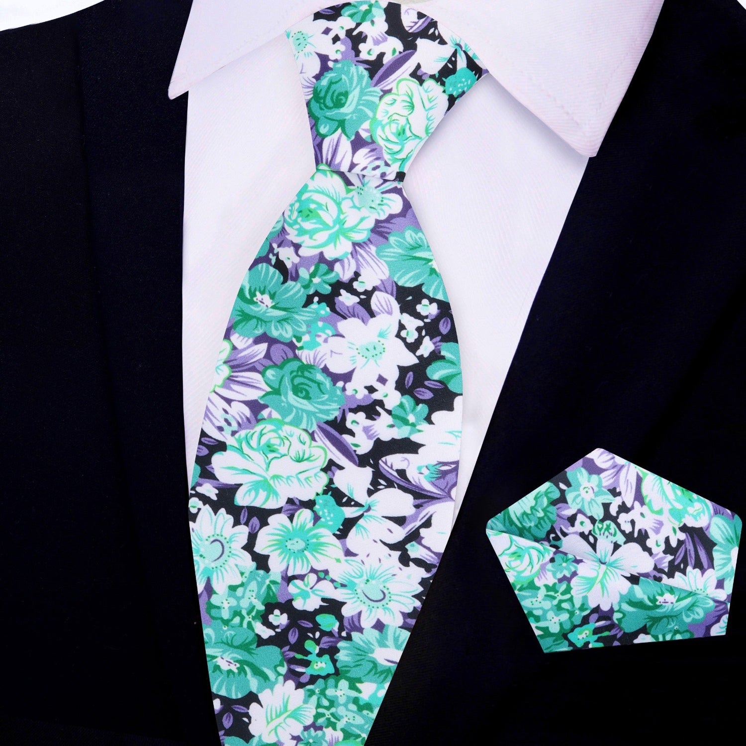 Green Floral Necktie and Square