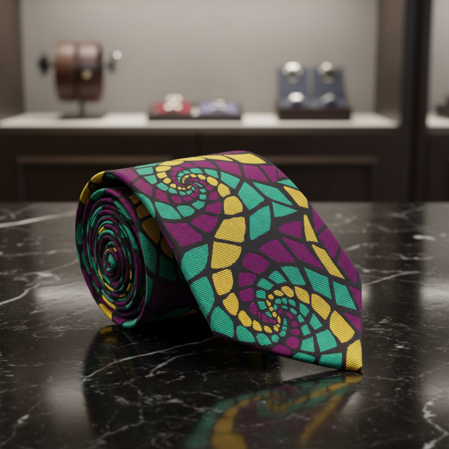 A Purple, Green, Gold Abstract Swirl Tie