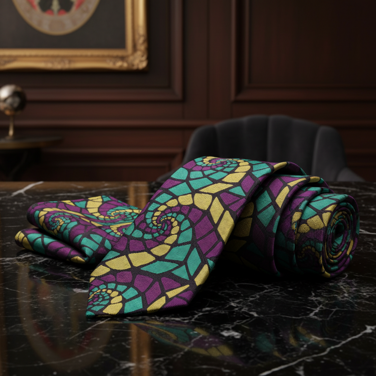 View 2: A Purple, Green, Gold Abstract Swirl Tie, Pocket Square