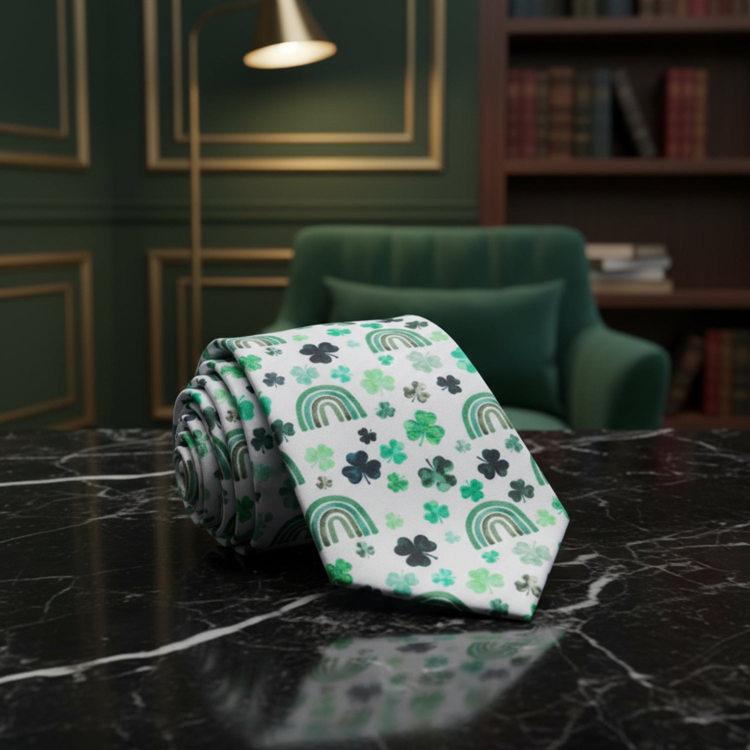 White, Green Clover with Rainbows Tie 