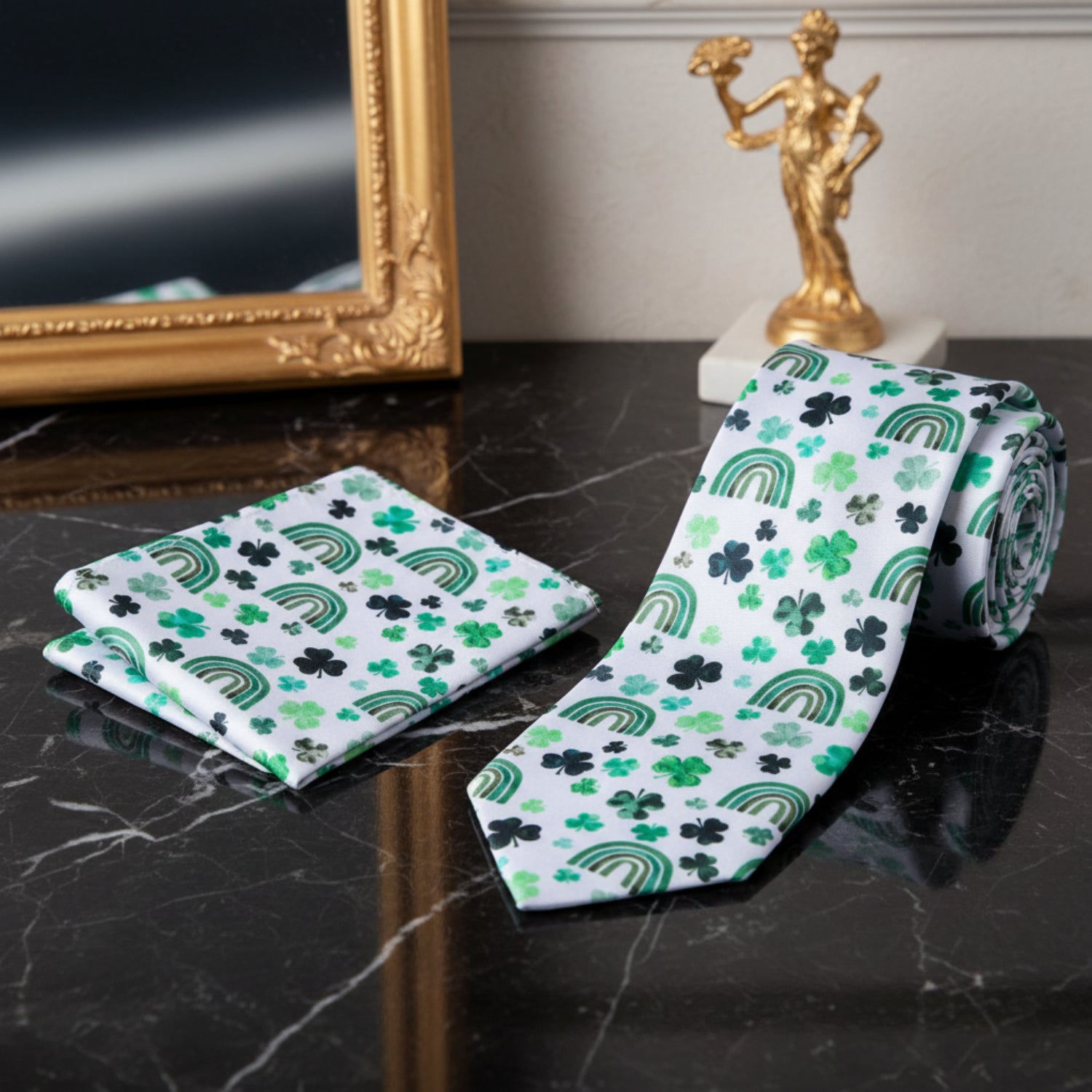 View 3: White, Green Clover with Rainbows Tie and Square