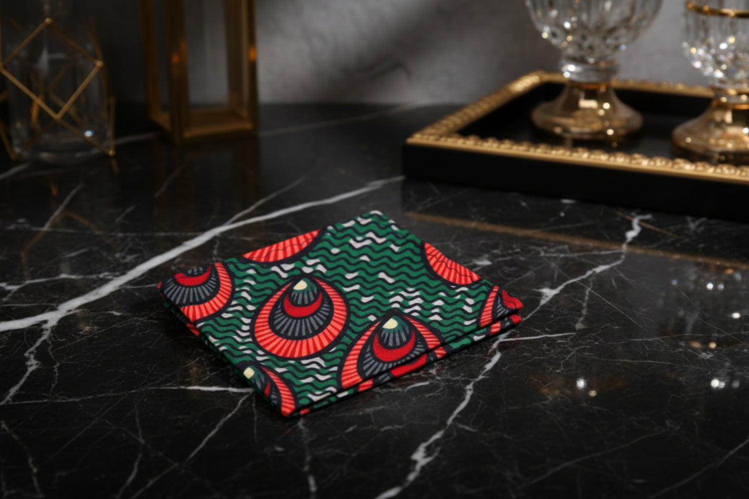View 2: A Paradise Green, Limelight Red, Black, Grey Color Abstract Circle And Waves Pattern Pocket Square