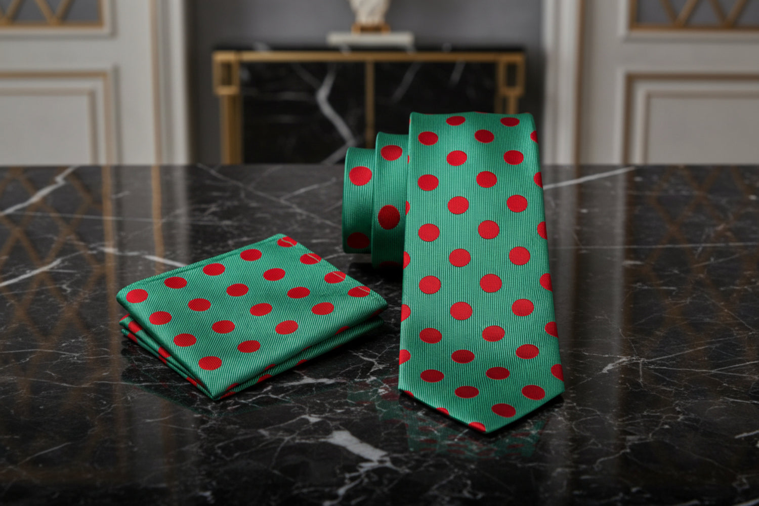Alt View: A Green, Red Polka Dot Pattern Necktie, Matching Pocket Square