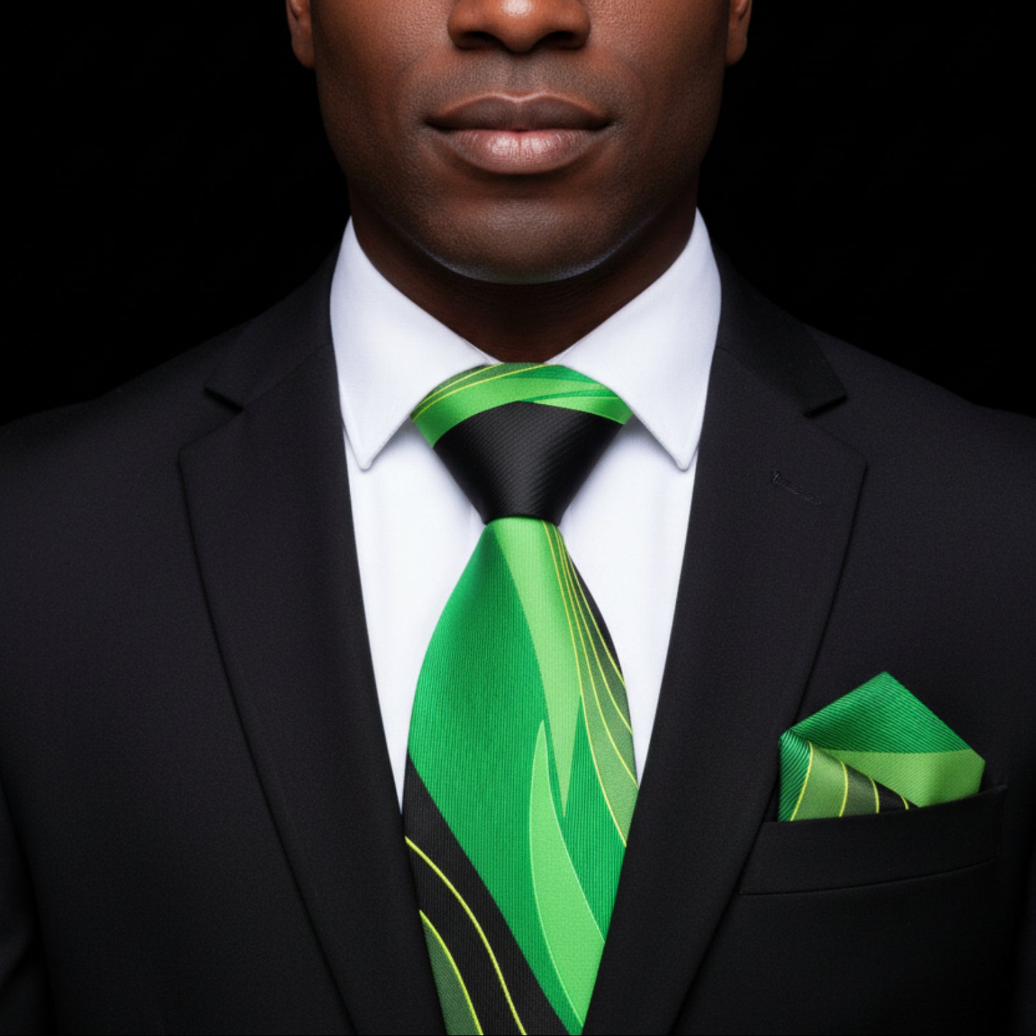 Green Abstract Tie and Pocket Square||Green, Dark Green, Yellow