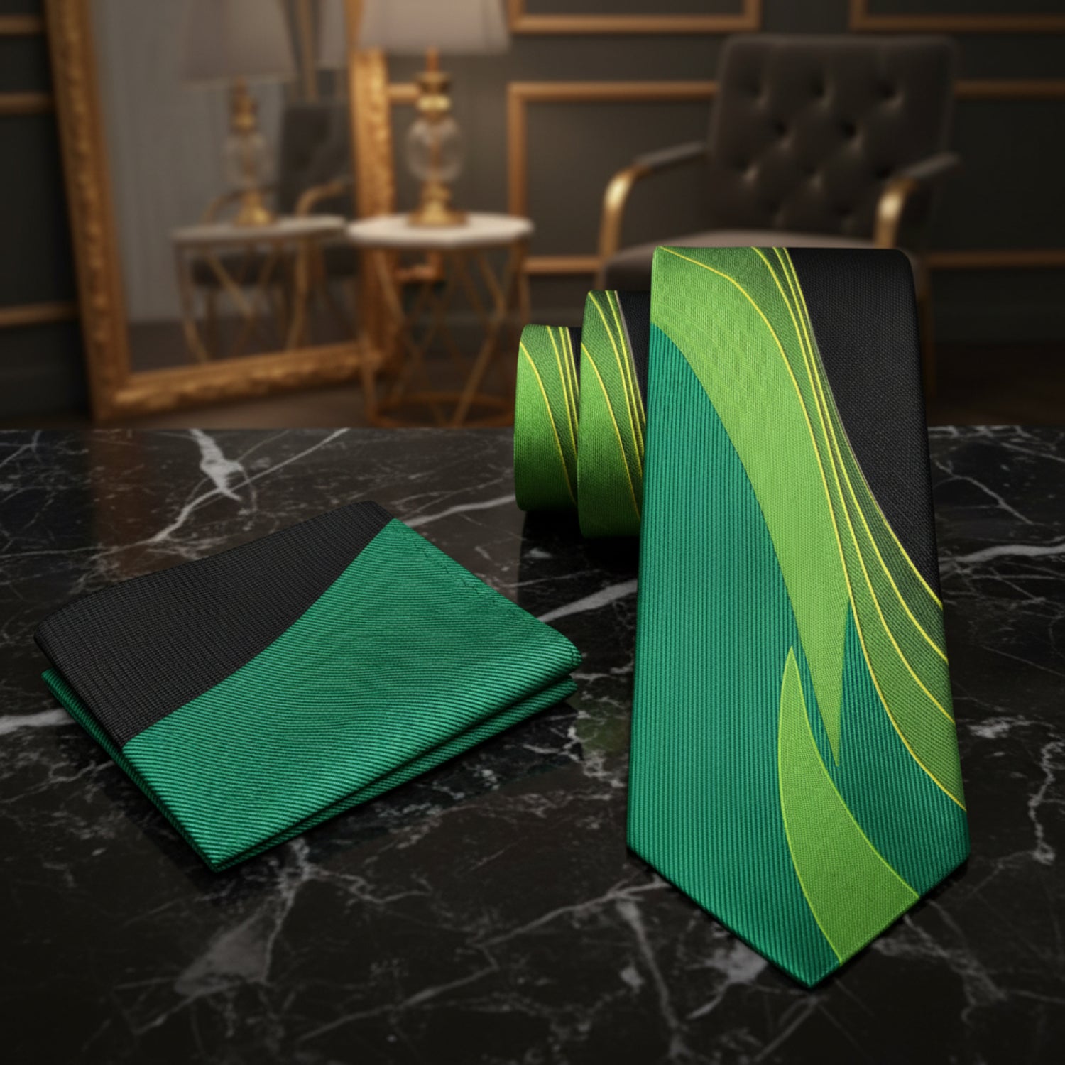 Alt View: Green Abstract Tie and Pocket Square||Green, Dark Green, Yellow