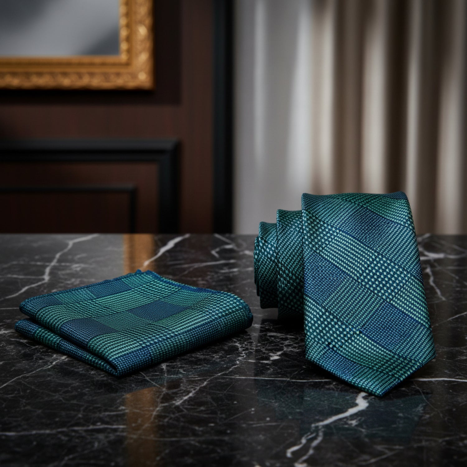 Alt View: Green Geometric Plaid Tie and Pocket Square