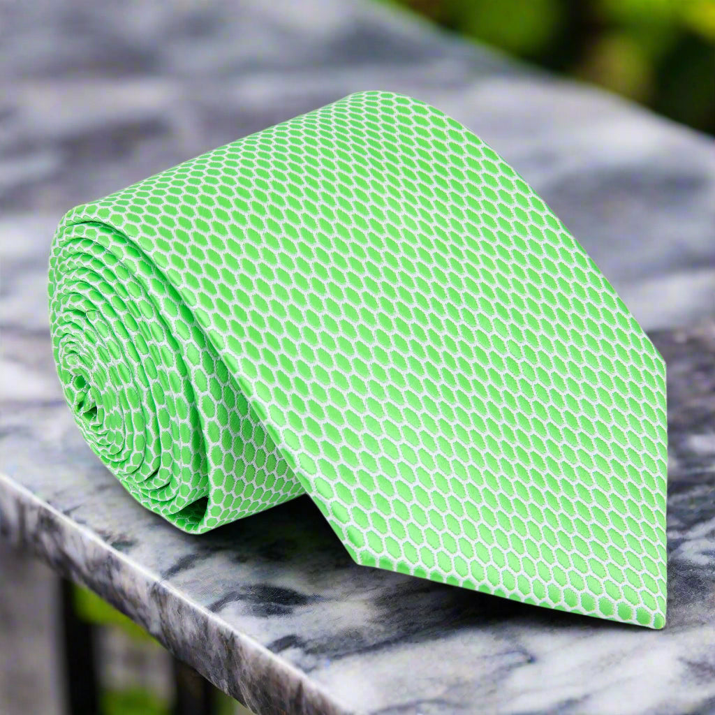  A Bright Green, White Geometric Oval Shaped Pattern Necktie