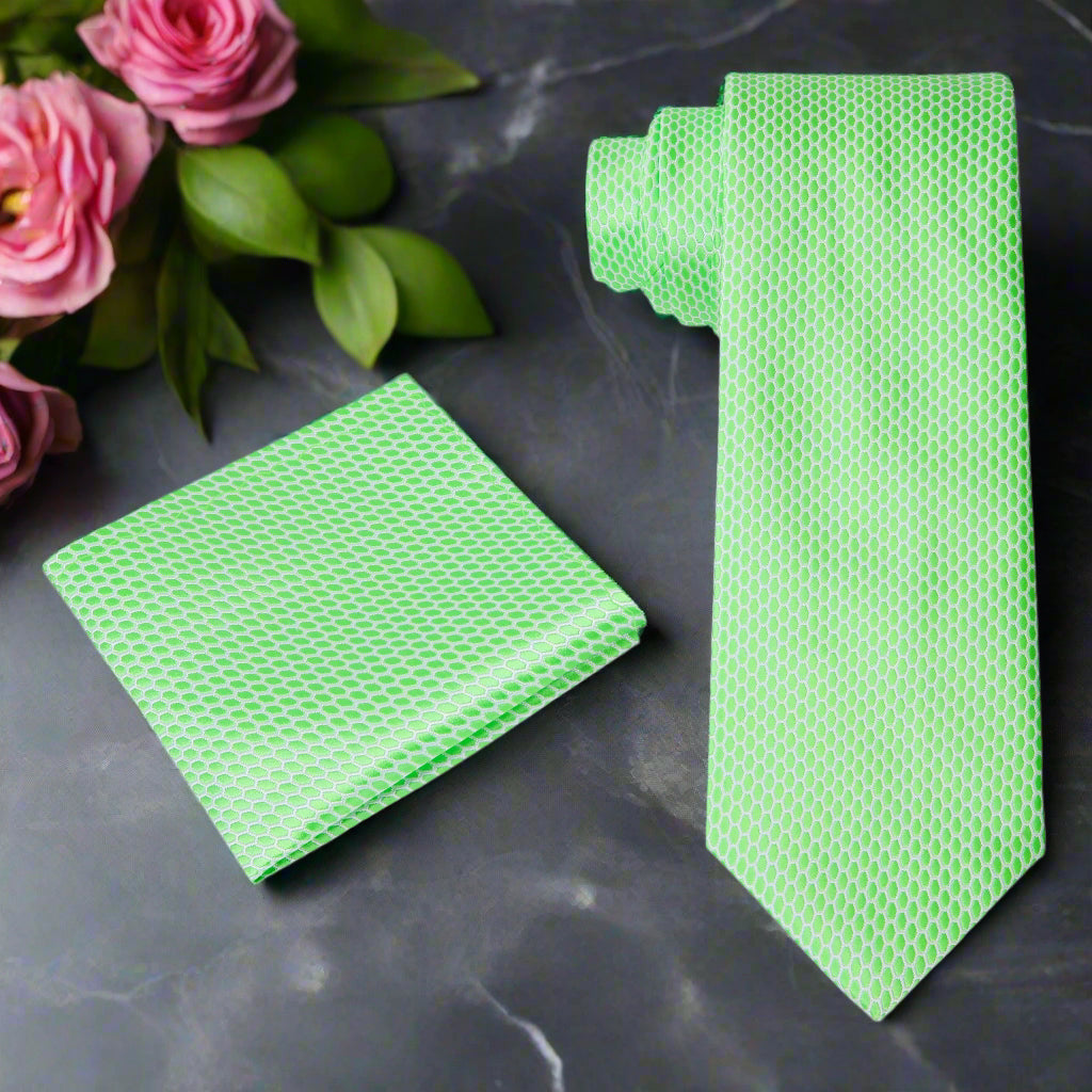 Alt View: A Bright Green, White Geometric Oval Shaped Pattern Necktie, Matching Pocket Square