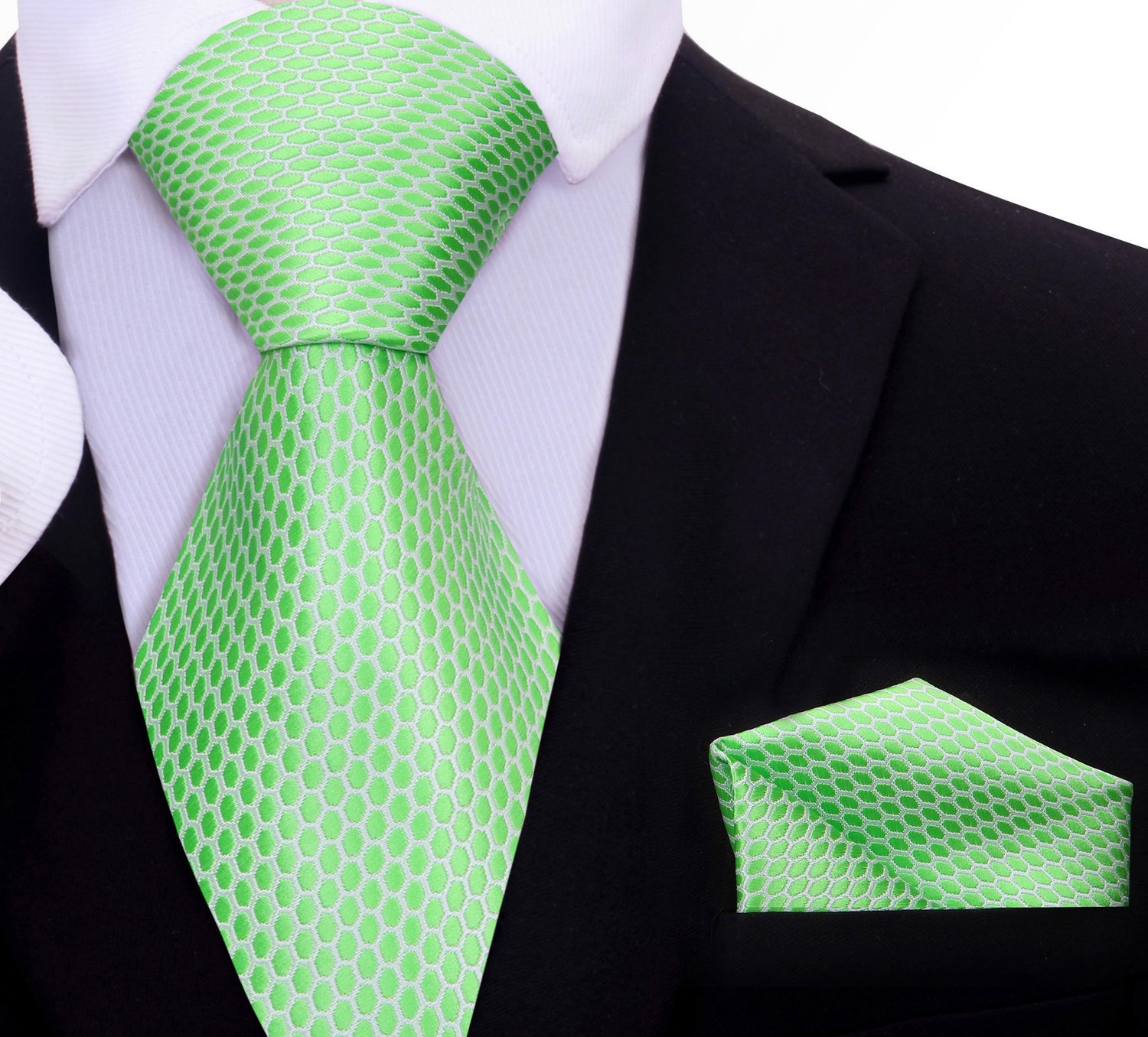 A Bright Green, White Geometric Oval Shaped Pattern Necktie, Matching Pocket Square