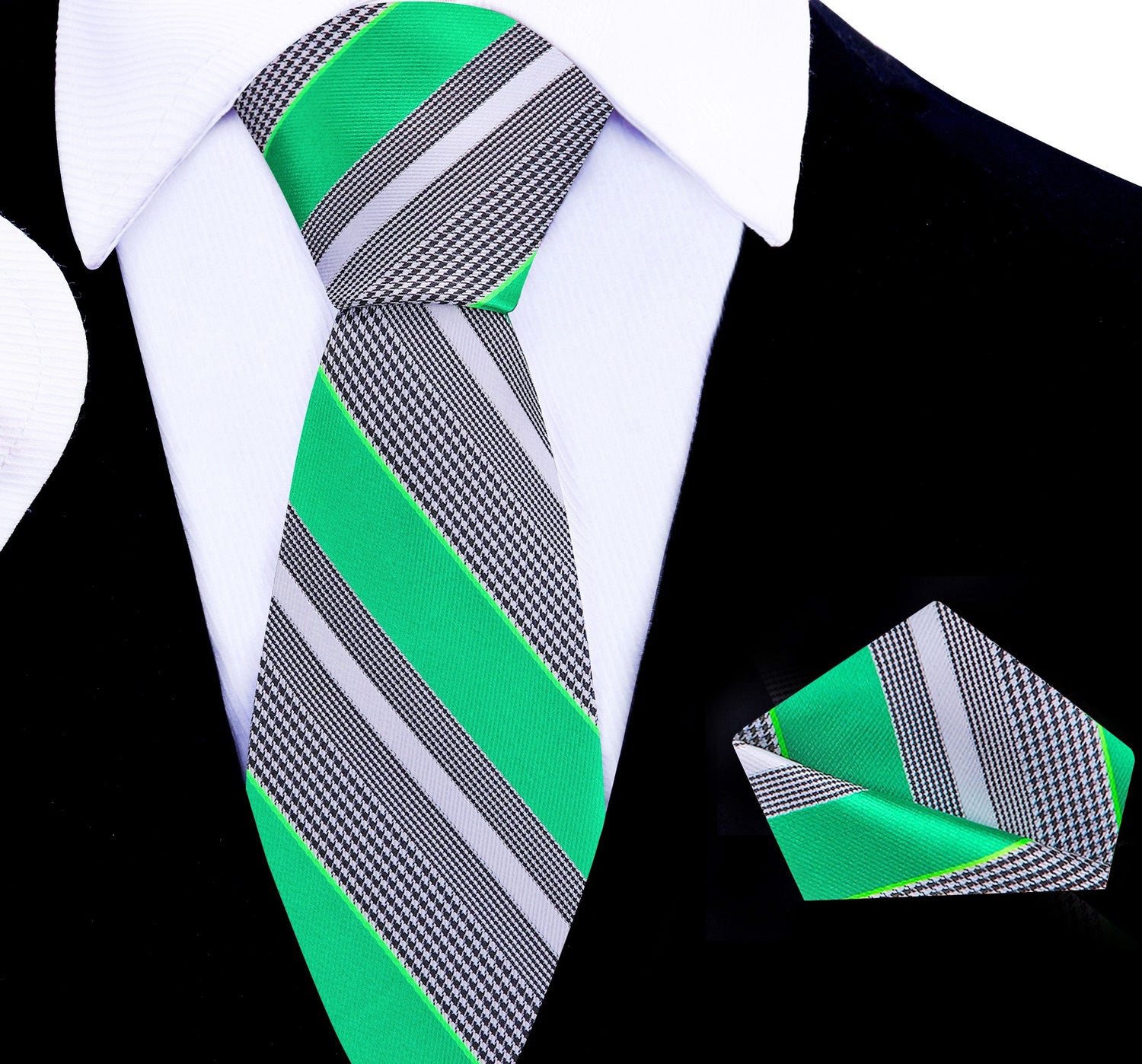 Thin A Green Stripe Necktie and Pocket Square