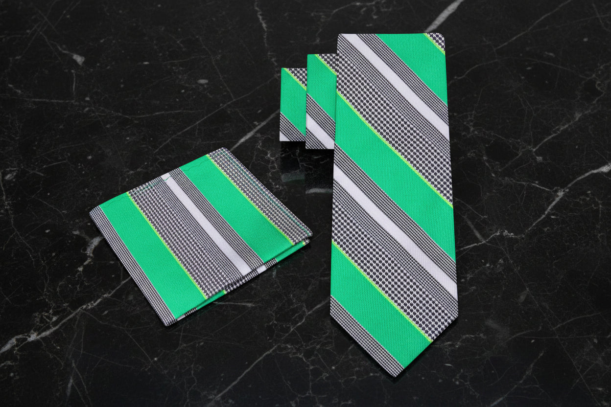 A Green Stripe Necktie and Pocket Square